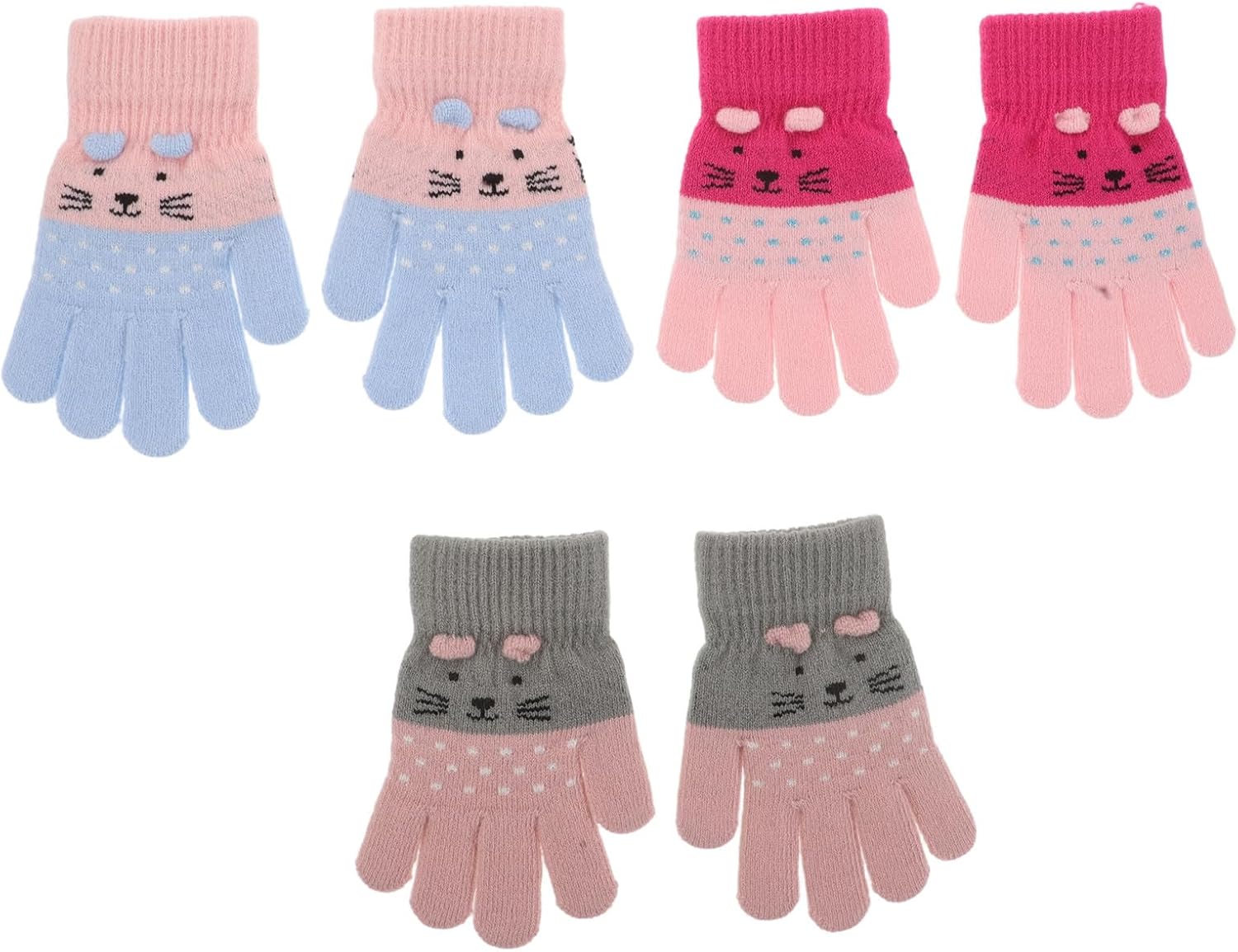 Kisangel 3 Pairs Winter Warm Mittens with Cat Design, Acrylic Fiber Knitted Gloves and Boys, High-density Knit to Block Cold Air, for Skiing and Outdoor Activities