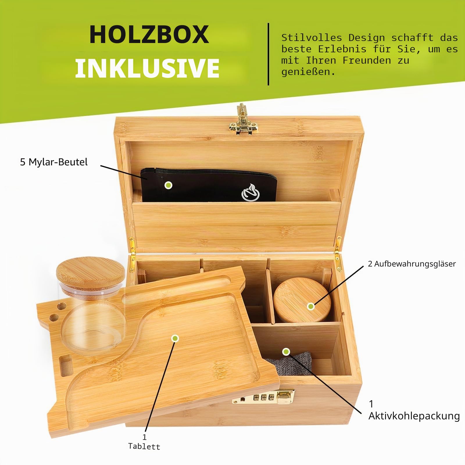 OZCHIN Große Bambusbox mit Zahlenschloss, Dekorative Aufbewahrungsbox für Zuhause, Geschenk, Aufbewahrungskiste mit Glasbehälter, Tablett, Wiederverschließbaren Beuteln und Mehr
