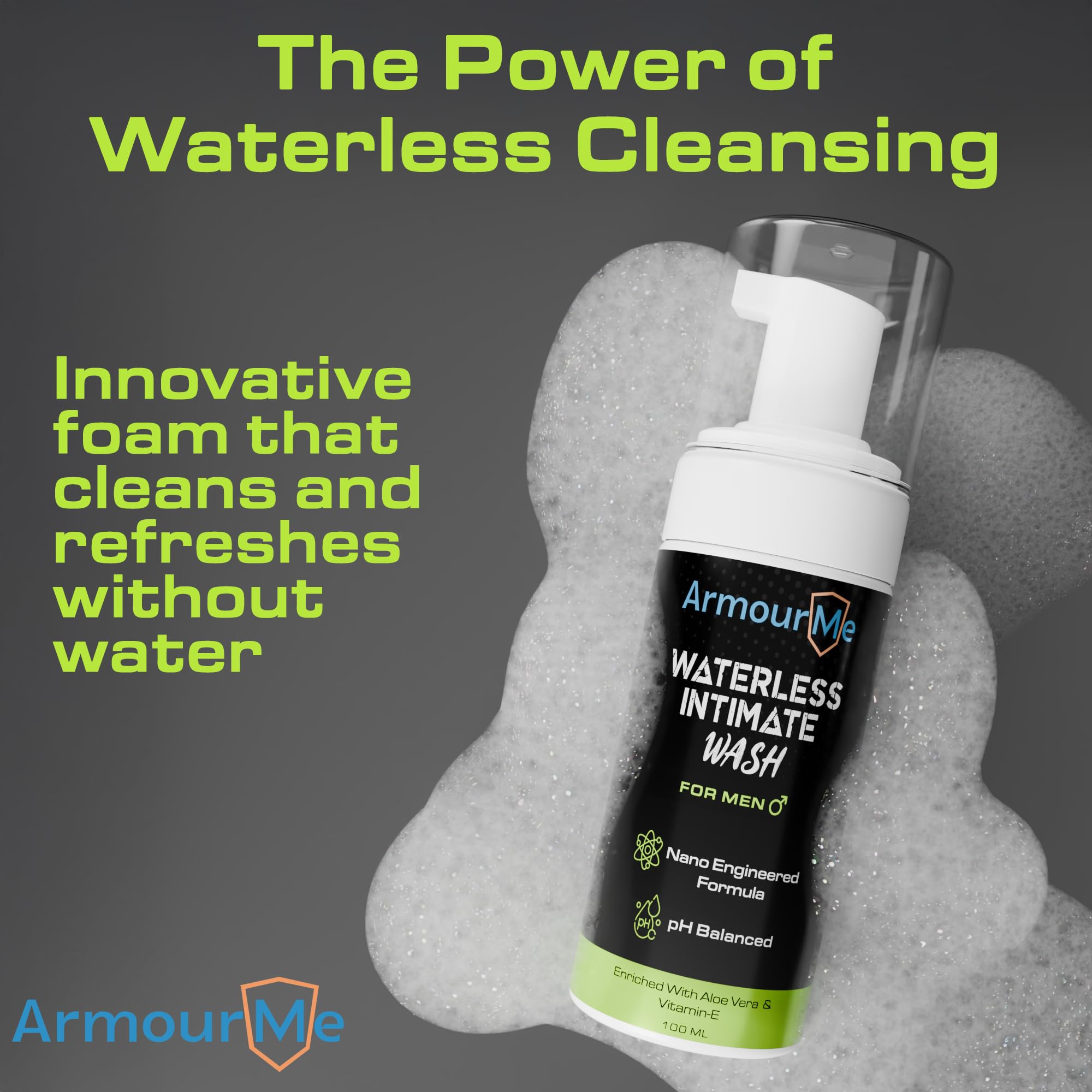 ArmourMe Waterless Intimate Wash for Men | No-Rinse Cleanser for Itch Relief, Odor Control & Daily Hygiene | pH Balanced | Enriched with Aloe Vera & Vitamin-E | Nano Engineered Formula (200 ml) 2