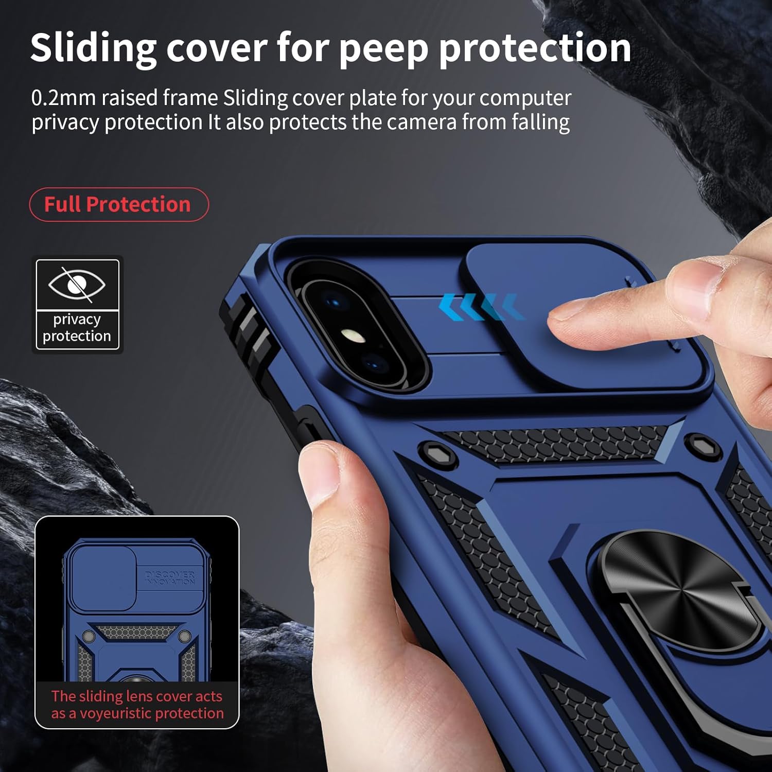 Vinve for iPhone X Case/iPhone Xs Case, Slide Lens Cover, HD Screen Protector, Military Grade Drop Protection, Magnetic Rotated Ring Holder Kickstand Protective Phone Case (Navy Blue) - Image 3
