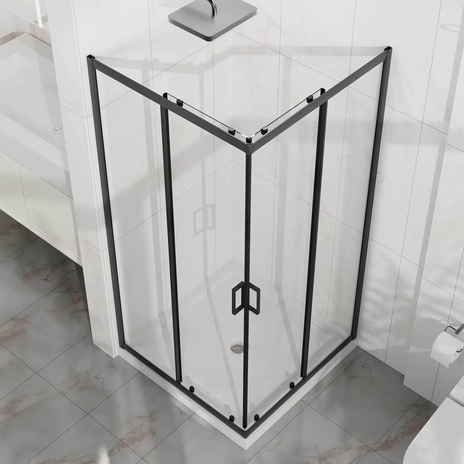 Corner Shower Enclosure 36 in.D x 36 in. W x 72 in. H, Sliding Shower Door with White Shower Base, 1/4 in Clear Tempered Glass Shower Stall, Matte Black