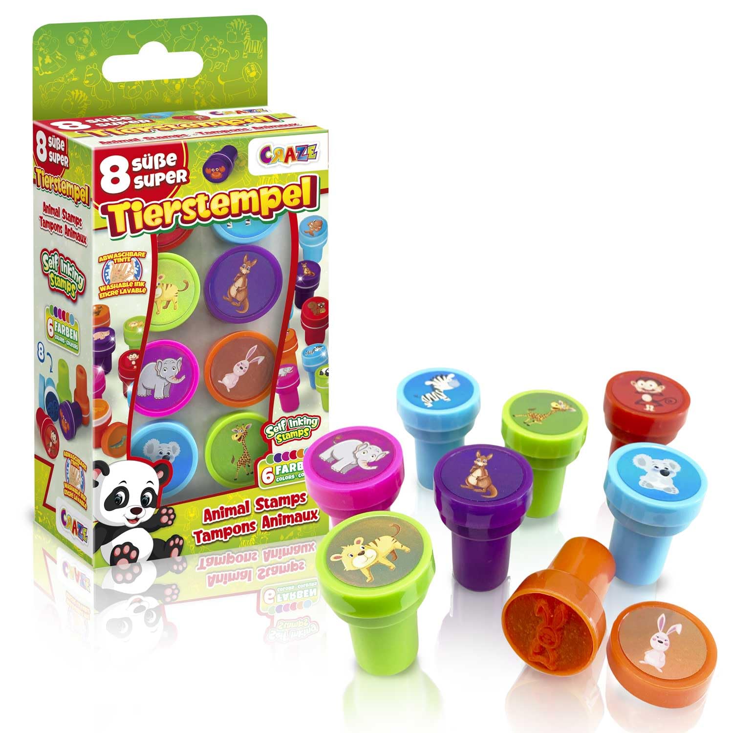 Craze Animal Stamps for Kids – 8 Piece Self Inking Stamps for Kids in 6 Colours, Washable Ink, Animal Stamp Sets for Children and Toddlers