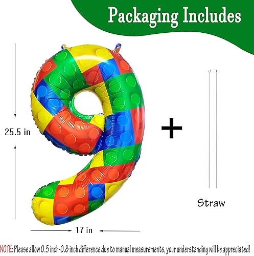 Miniatura 2 de Globos de 32 pulgadas con el número 9 de bloques de construcción con temática de bloque de helio, globo grande de Mylar para niñas y niños,