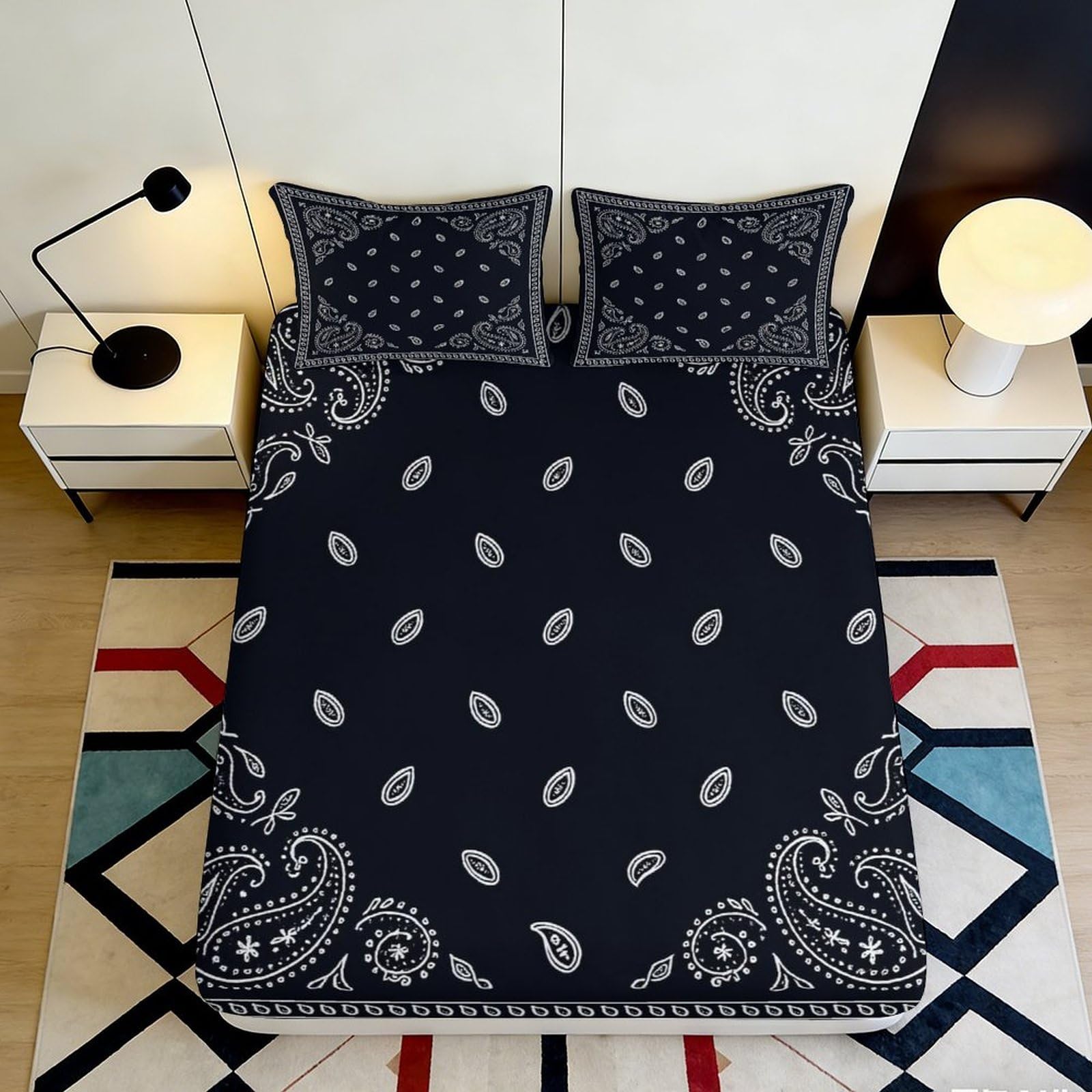 3D Printed Black Paisley Fitted Sheet Microfiber Soft Breathable Bandana Pattern Mattress Cover for Bedroom Dorm Mattress Protection Decor 90x200x25cm