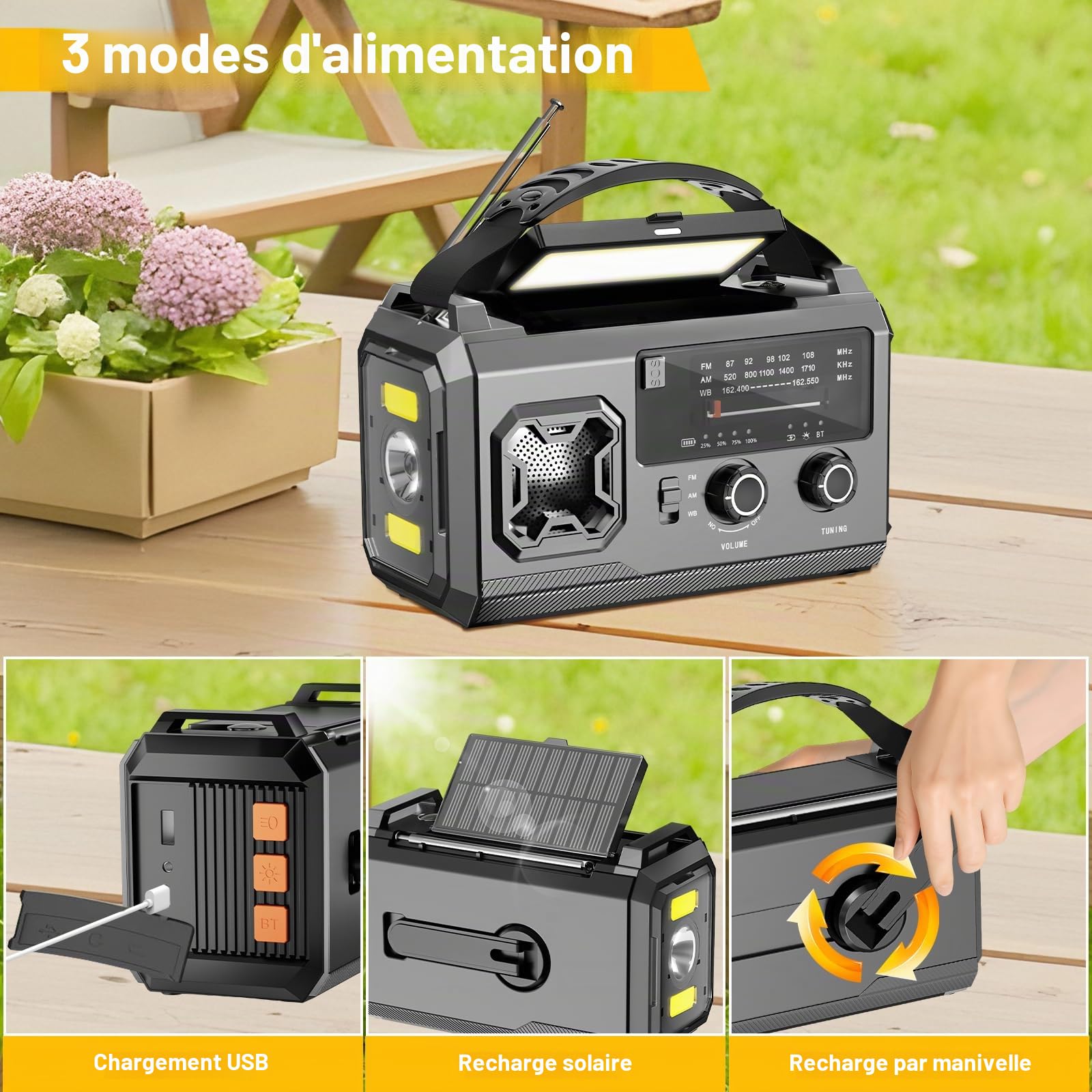 Radio à manivelle 27000mAh, Radio FM/AM d'urgence avec Bluetooth, Radio solaire portable avec chargeur de téléphone, Radio d'urgence avec alarme SOS/lampe de poche/boussole pour camping, plein air