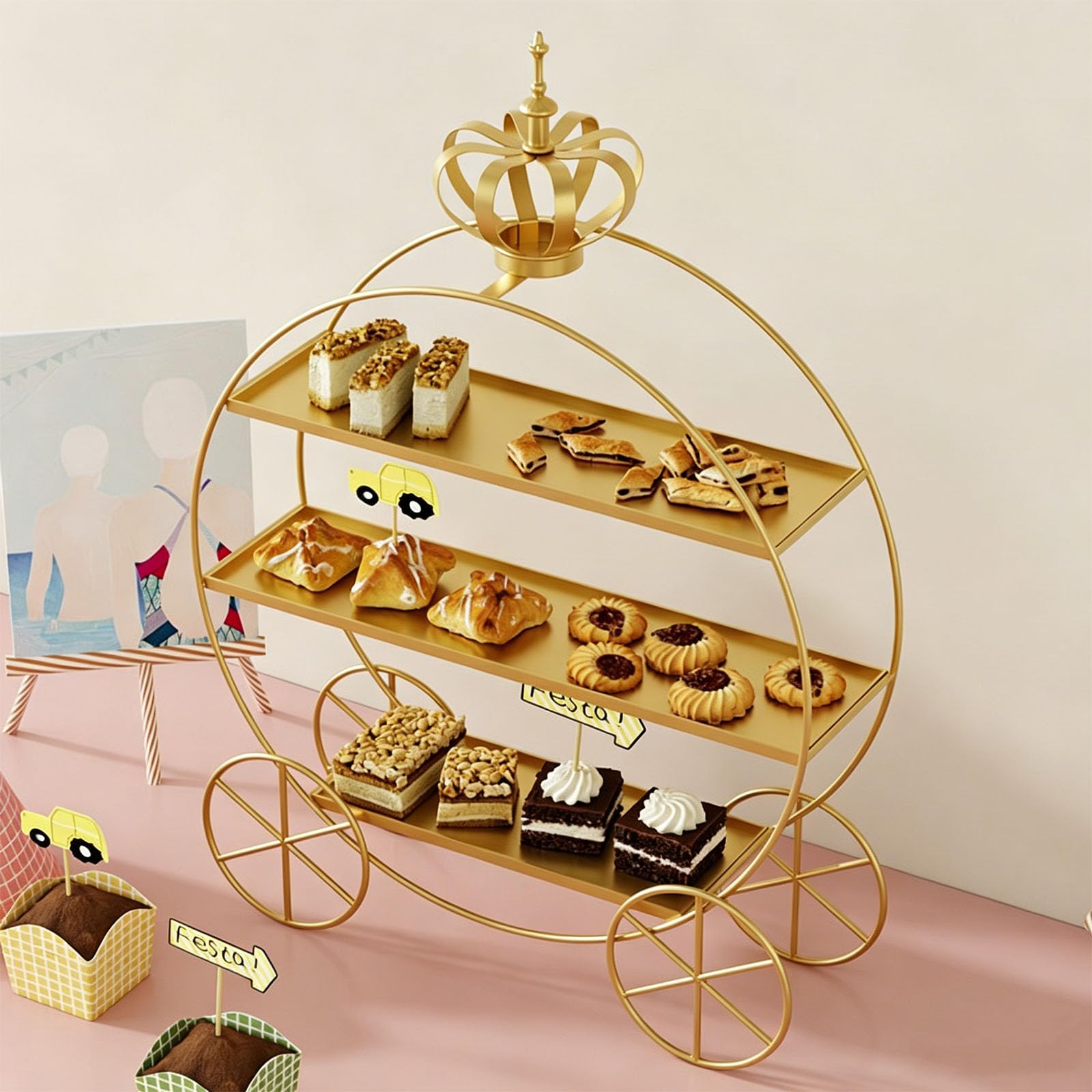 Supporto per cupcake a tre strati in metallo cavo in pizzo lame rotonde stabile piedistallo svasato in ferro resistente alla ruggine matrimonio compleanno pomeridiano a buffet, oro