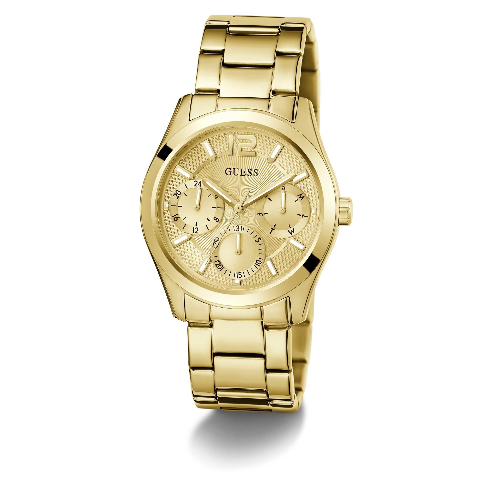 Guess Damen Armbanduhr ZOE mit Zirkonia, goldfarbenes Edelstahlarmband, Mineral Glas, goldenes Ziffernblatt, 5 Bar, Gehäusedurchmesser: 38 mm, GW0760L2