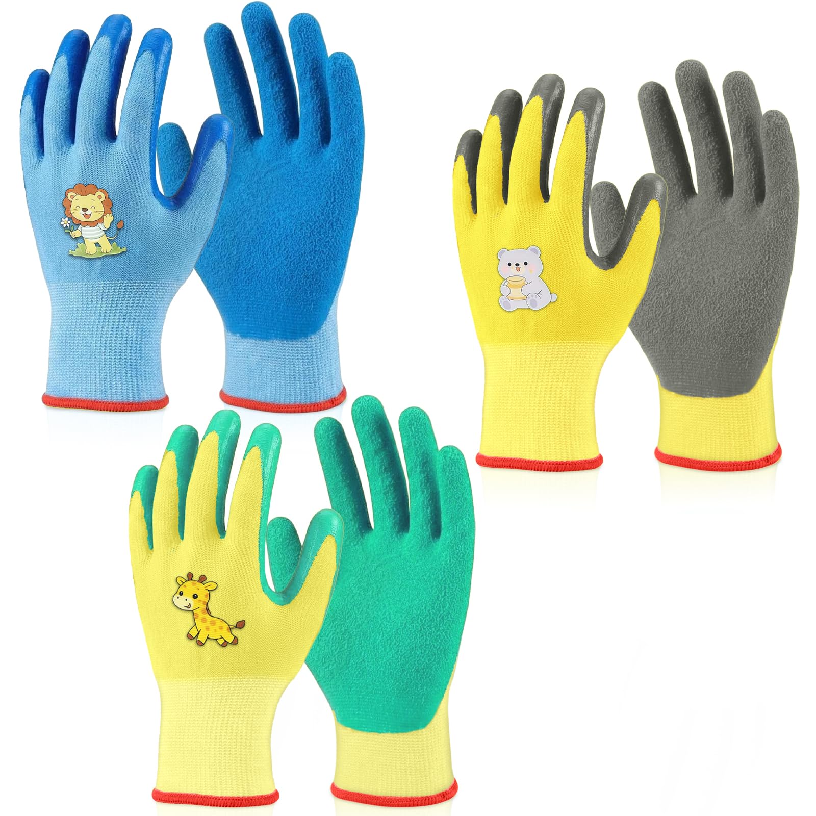 flintronic 3 Pairs of Gardening Gloves, Kids Safety Work Gloves, Non-Slip, Kids Rubber Gloves, Kid Work Glove for Toddlers Youth Girls Boys, Comfortable Breathable for Camping Yard Cleaning (Age 3-5)