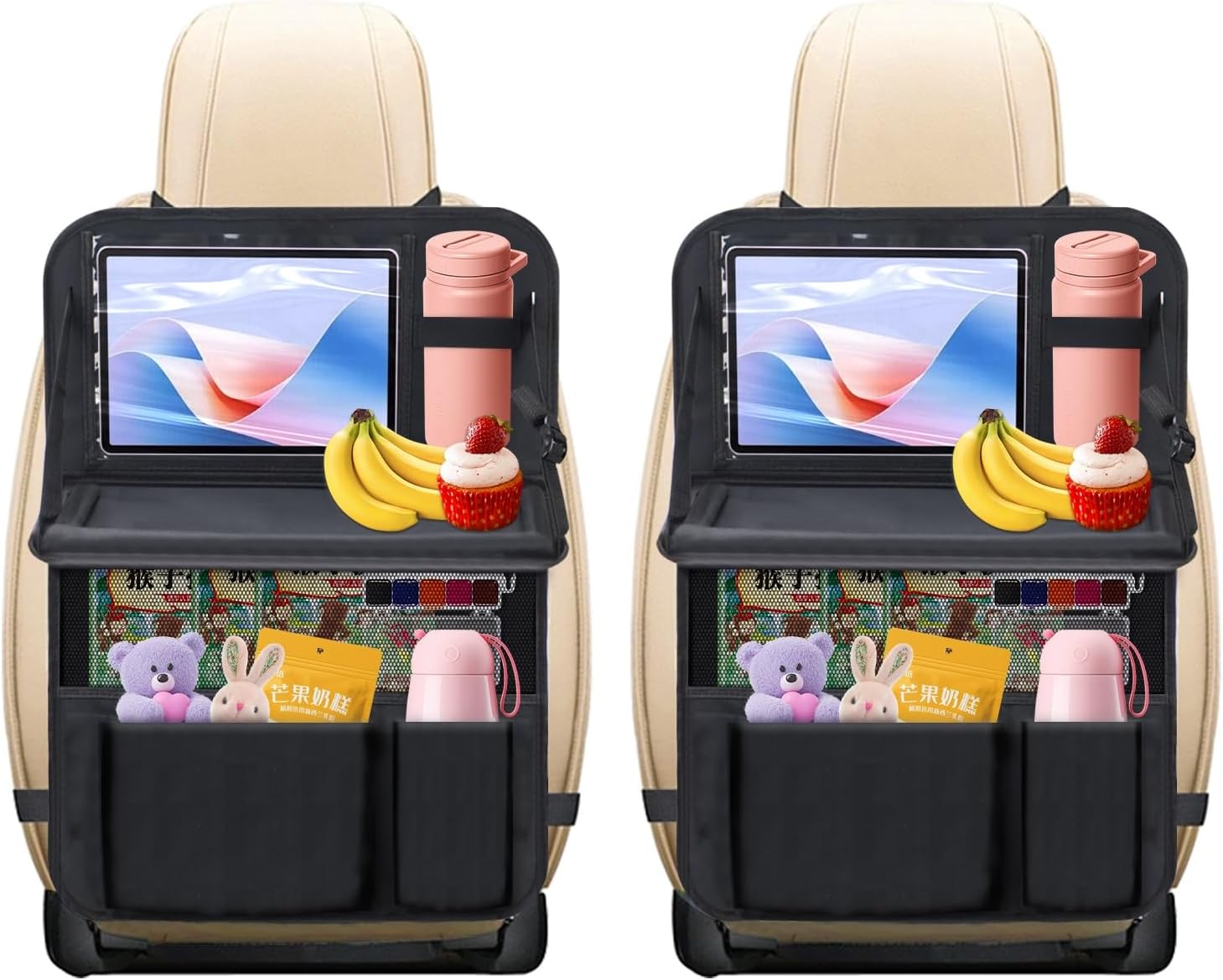 Car Backseat Organizer with Foldable Tray – 9 Storage Pockets, Tablet Holder, Kick Mats – Back Seat Organizer for Kids & Adults, Road Trip & Travel Essentials(2-Pack)
