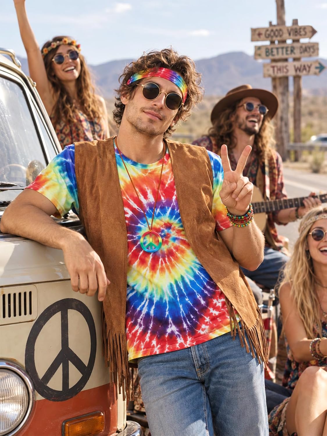 Hippie Costume for Men&70s Outfits for Men Tie Dye Shirt Set for Halloween