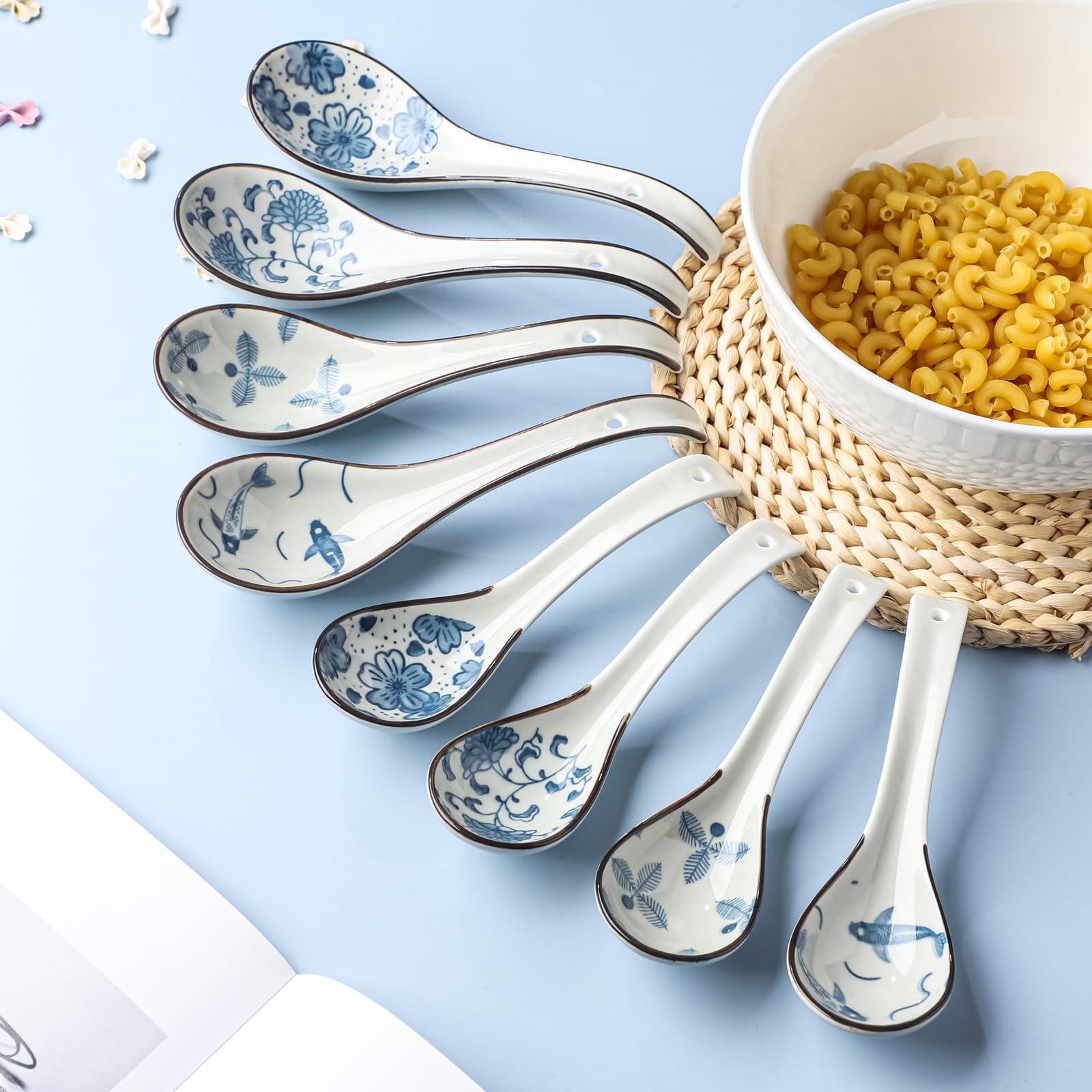 Asiatische chinesische Suppenlöffel aus Keramik, 8 Stück, Porzellan-Ramenlöffel, Esslöffel für Miso Pho Knödel, Müsli (8, S4+M4)