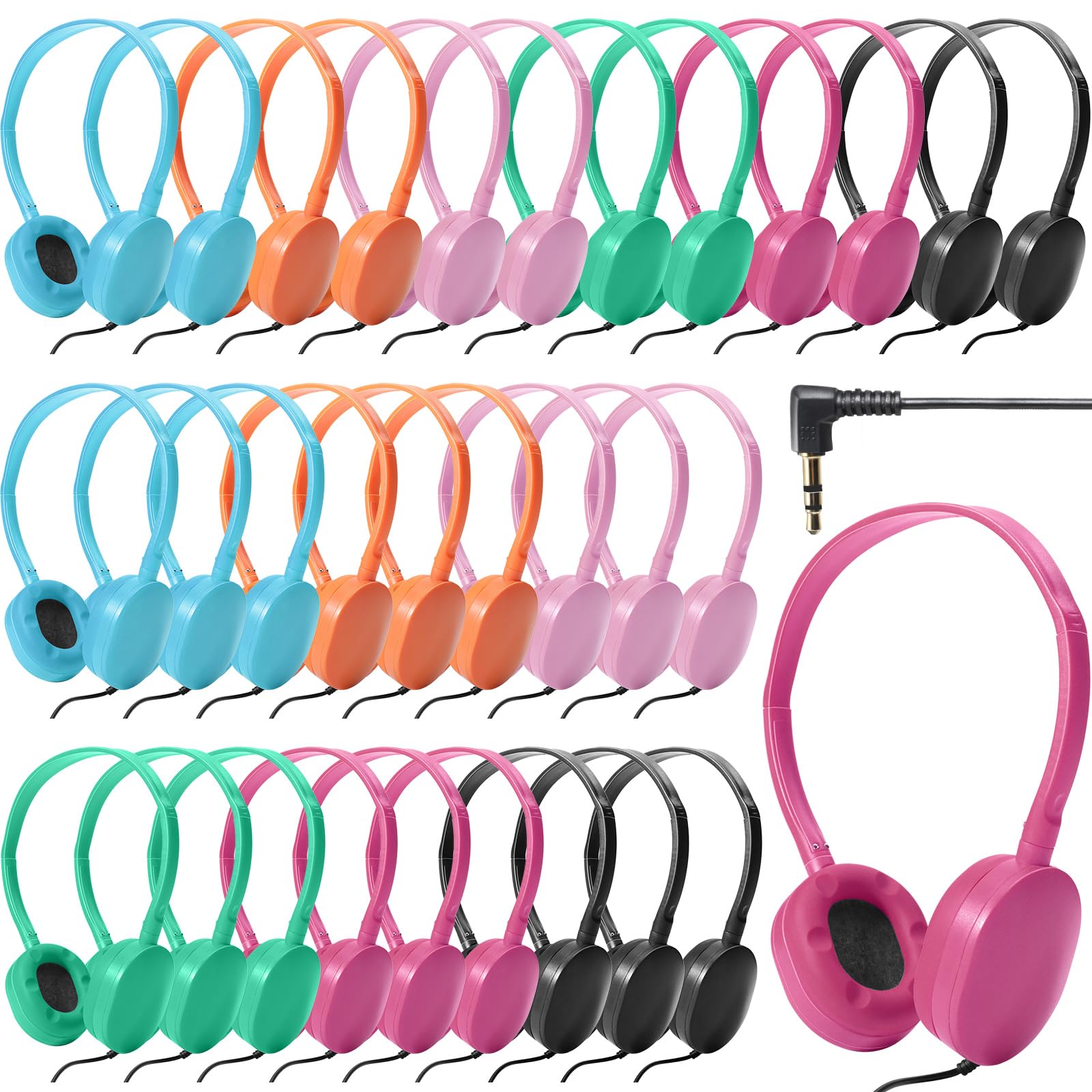 Kanayu 30 Pack Wired Headphones, Adjustable On Ear Headphones, Kids Headphones with Stereo, Children Headphones Earbuds for Kids, Boys, Girls, Schools