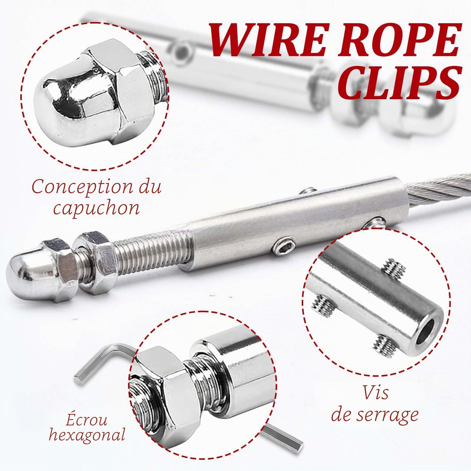 Serre Cable Acier,Tendeur Cable Inox Trou Boulons en Serre Cables 4mm,4 Pièce Serre-Câbles Métallique avec M5 Hexagone Vis Clé,Fils Clips de Corde de Serrage pour Balustrade Fixation