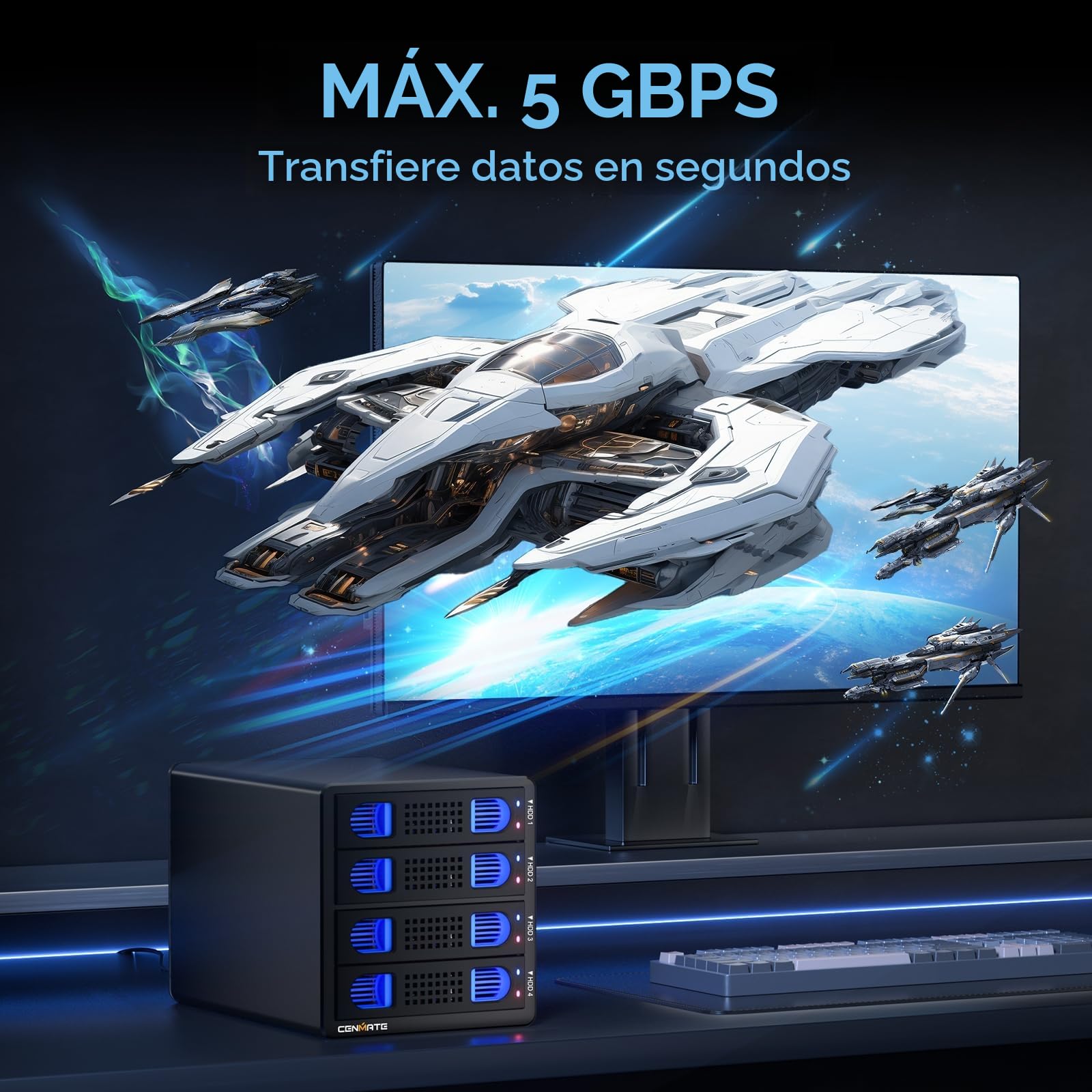 CENMATE Carcasa Raid de Disco Duro de 4 bahías para Disco Duro SATA HDD/SSD de 2.5/3.5 Pulgadas con Cable USB A/C 3.0, Lector de Disco Duro de 3.5 Compatible con Capacidad de 80 TB, 8 Modos