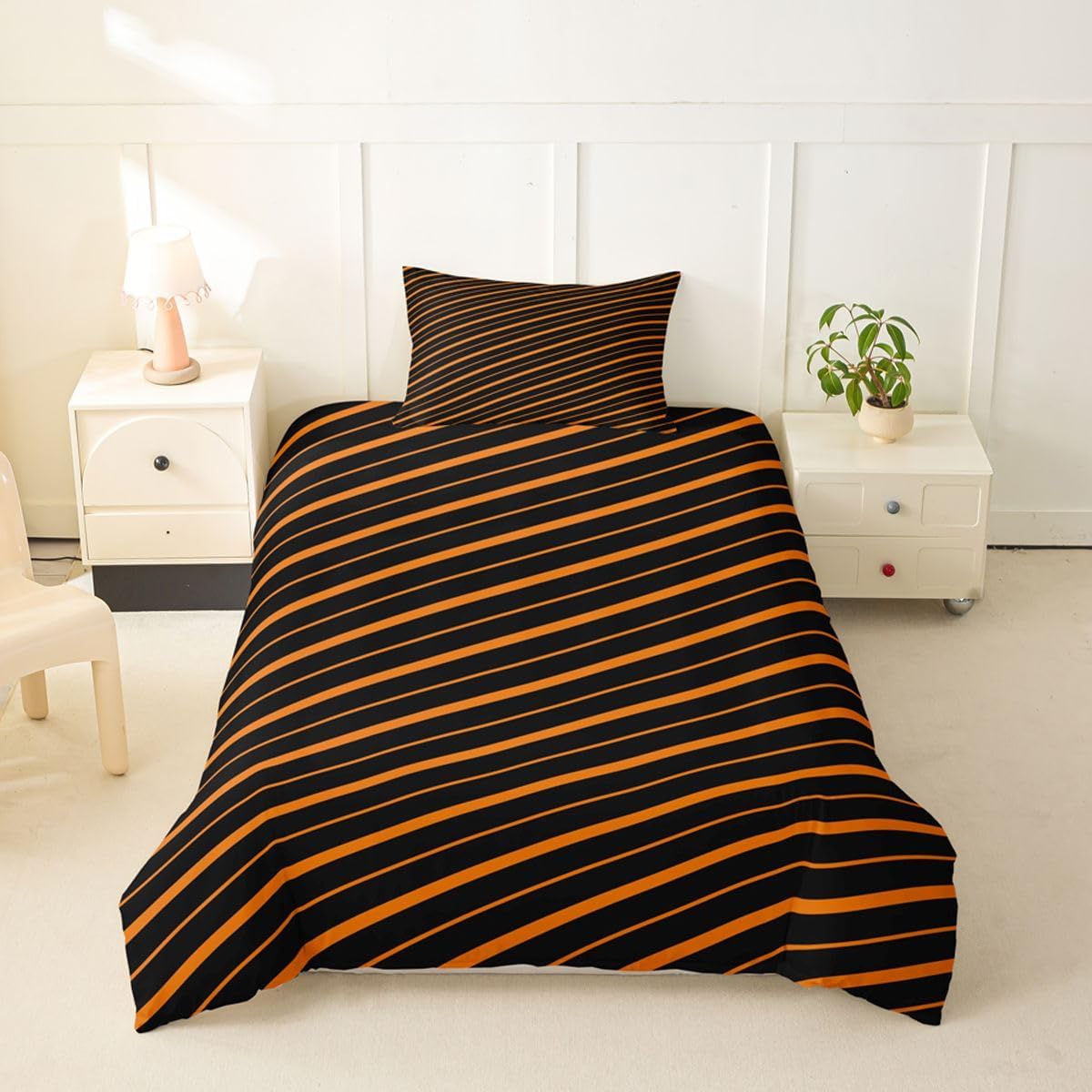 Castle Fairy Orange Stripes Duvet Cover Set Toddler Size,Geometric Stripe Lines Bedding Set 2pcs,Halloween Theme Quilt Cover with Zipper Closure,Kids Boys Girls Room Decor,1 Pillowcase,No Comforter