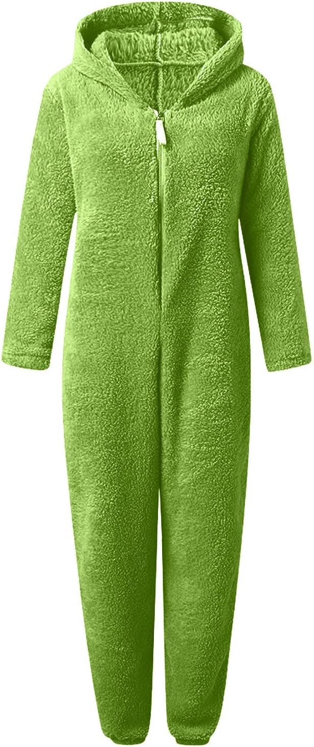 HGps8w Fuzzy Fleece Onesie Pajamas for Women Jumpsuit Warm Winter Sherpa Romper Sleepwear One Piece Zipper Hooded Playsuit