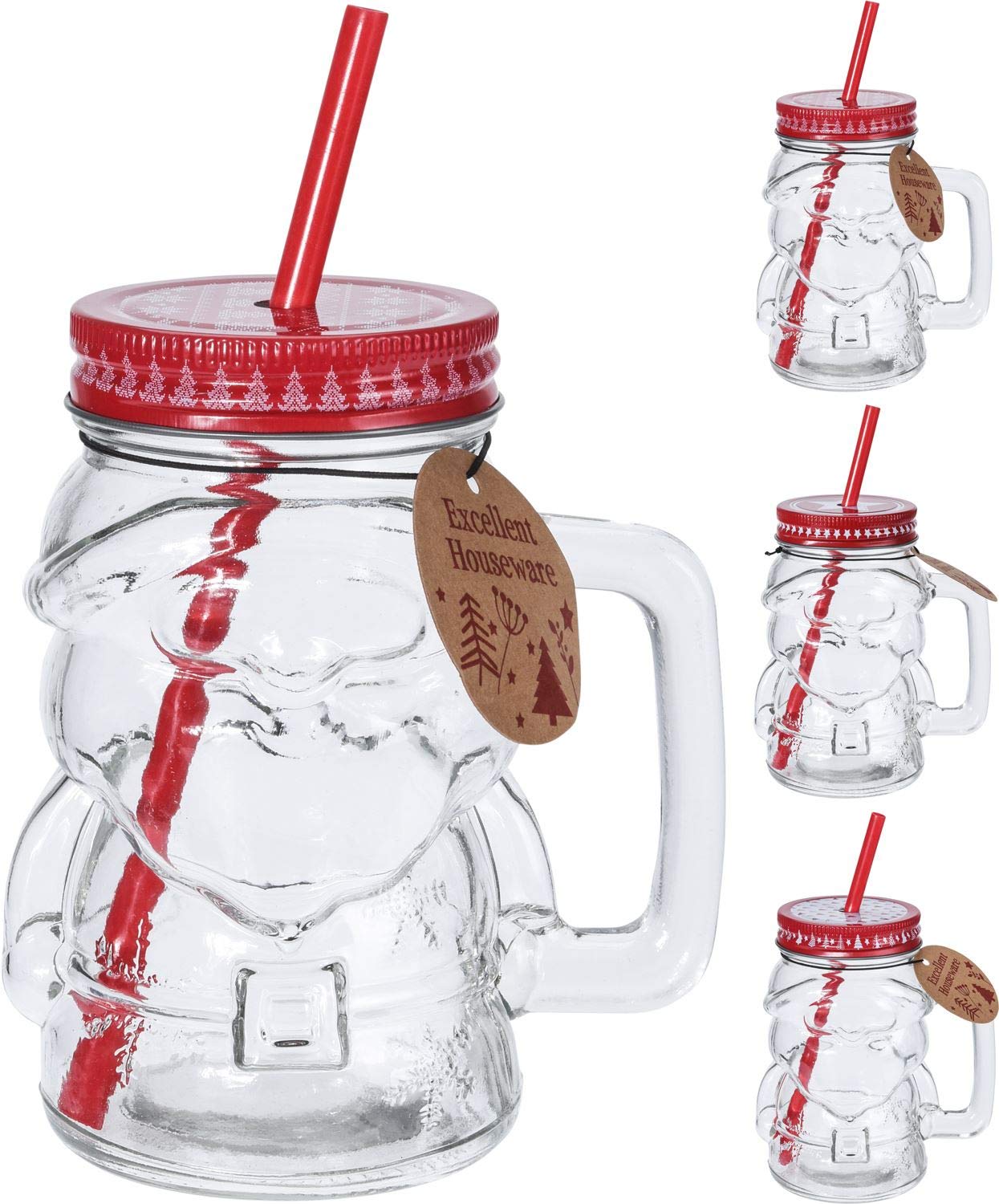 Carousel Home And Gifts Transparent Clear Glass Mason Santa Shaped Christmas Drinking Jar With Lid And Straw - Design Varies