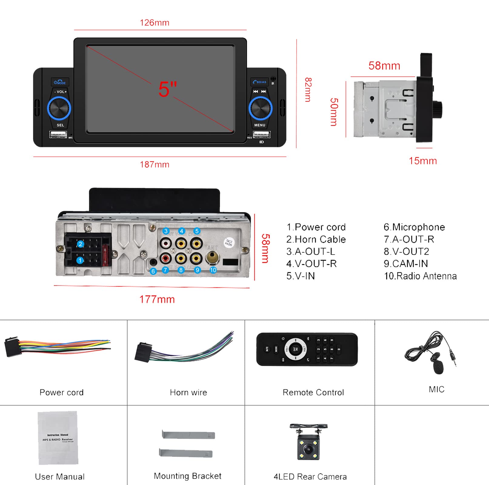Autoradio 1 Din Bluetooth Avec écran Tactile 5" - Compatible Android Auto Et Apple CarPlay - Appels Mains Libres, FM, USB, Caméra De Recul Incluse - 3