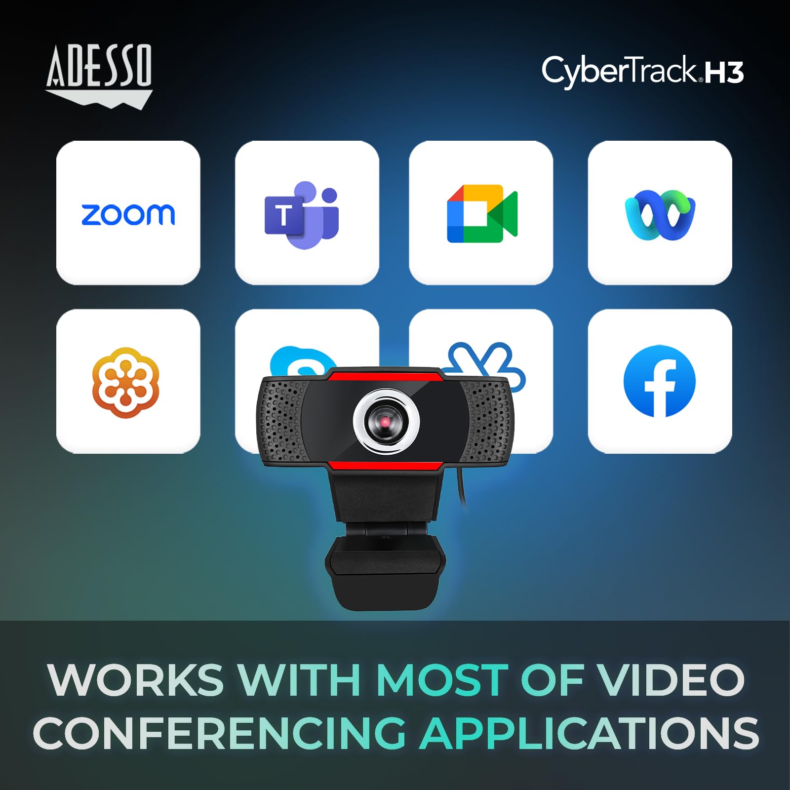 ADESSO CyberTrack H3, cámara Web HD de 720p, micrófono Integrado, USB 2.0, resolución de Video HD de 720p, Sensor CMOS de 1.3 MP, Compatible con Zoom, Skype, Windows 10/8/7/Vista, Mac OS X 10.6