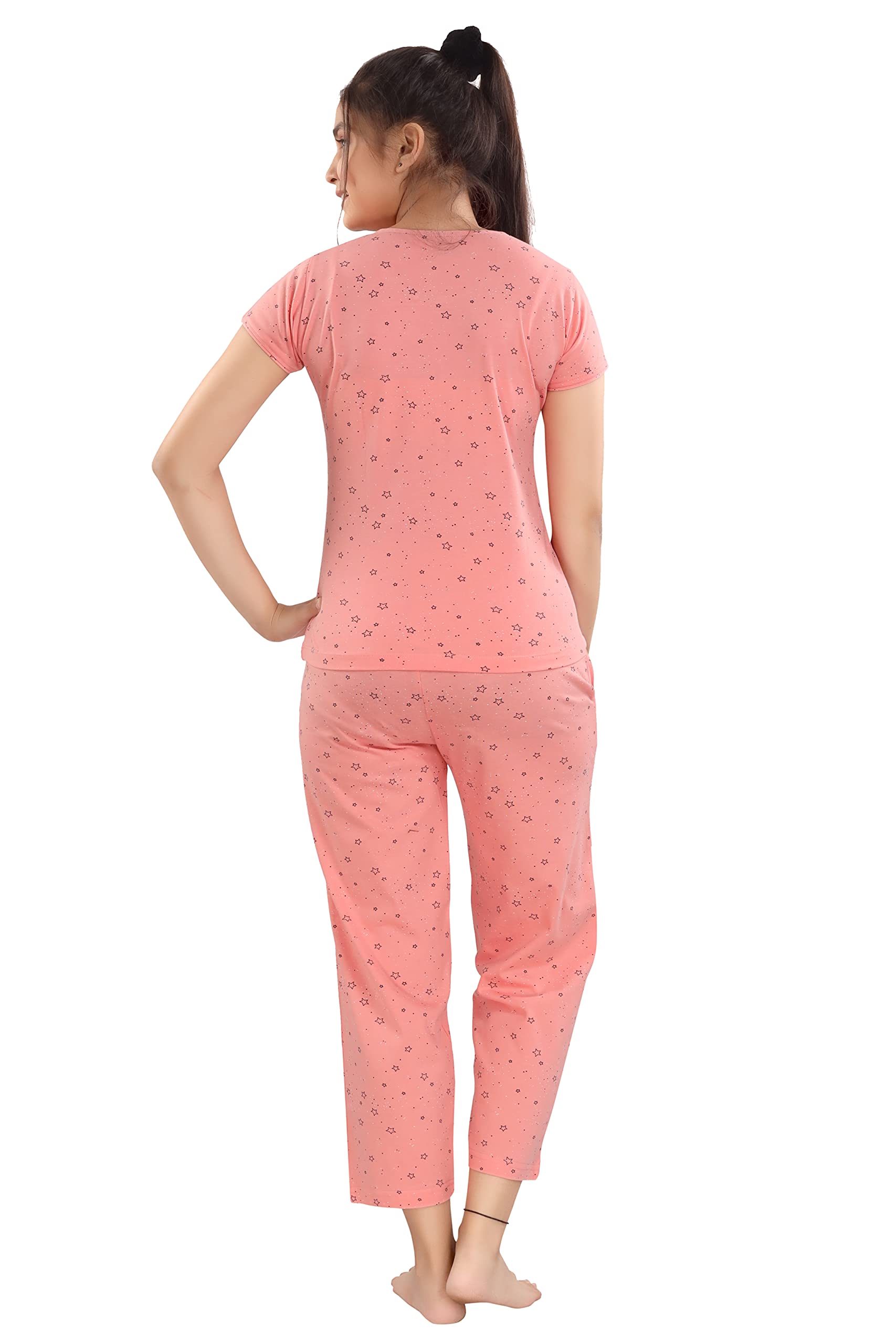 AV2 Girls Cotton Printed Night Suit, Pajama Set Night Dress Peach 8-9 Years 6622