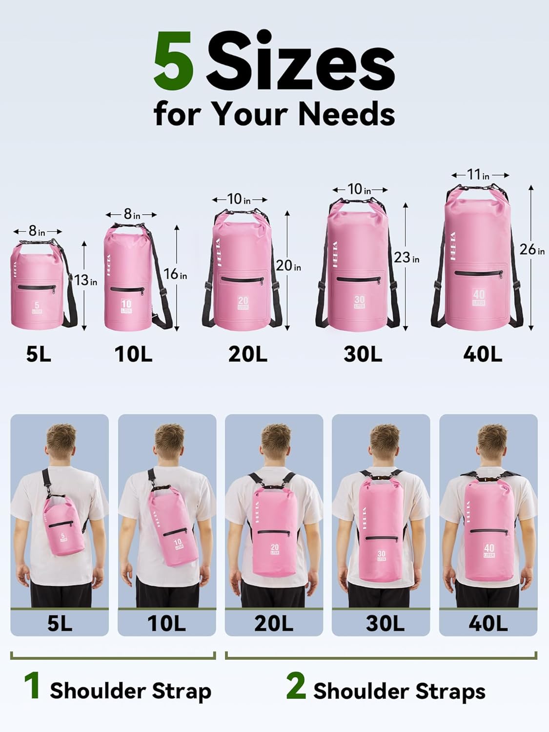 HEETA Waterproof Dry Bag with Front Zippered Pocket for Women Men, 5L/10L/20L/30L/40L Roll Top Lightweight Dry Storage Bag Backpack for Travel, Kayaking, Boating, Rafting, Camping, Hiking & Beach