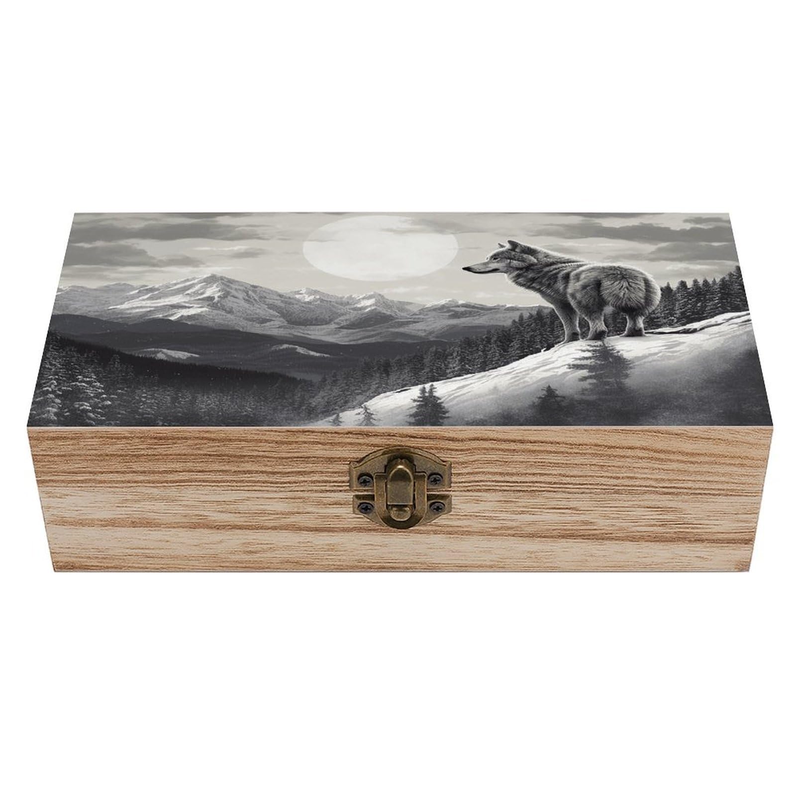 VstaDank Snow Mountain Lone Wolf Wooden Storage Box Decorative Jewelry Case with Lids Exquisite Wood Box Letters Gifts Acacia Wood Boxes Fashion Wooden Keepsake Boxes for Men Women