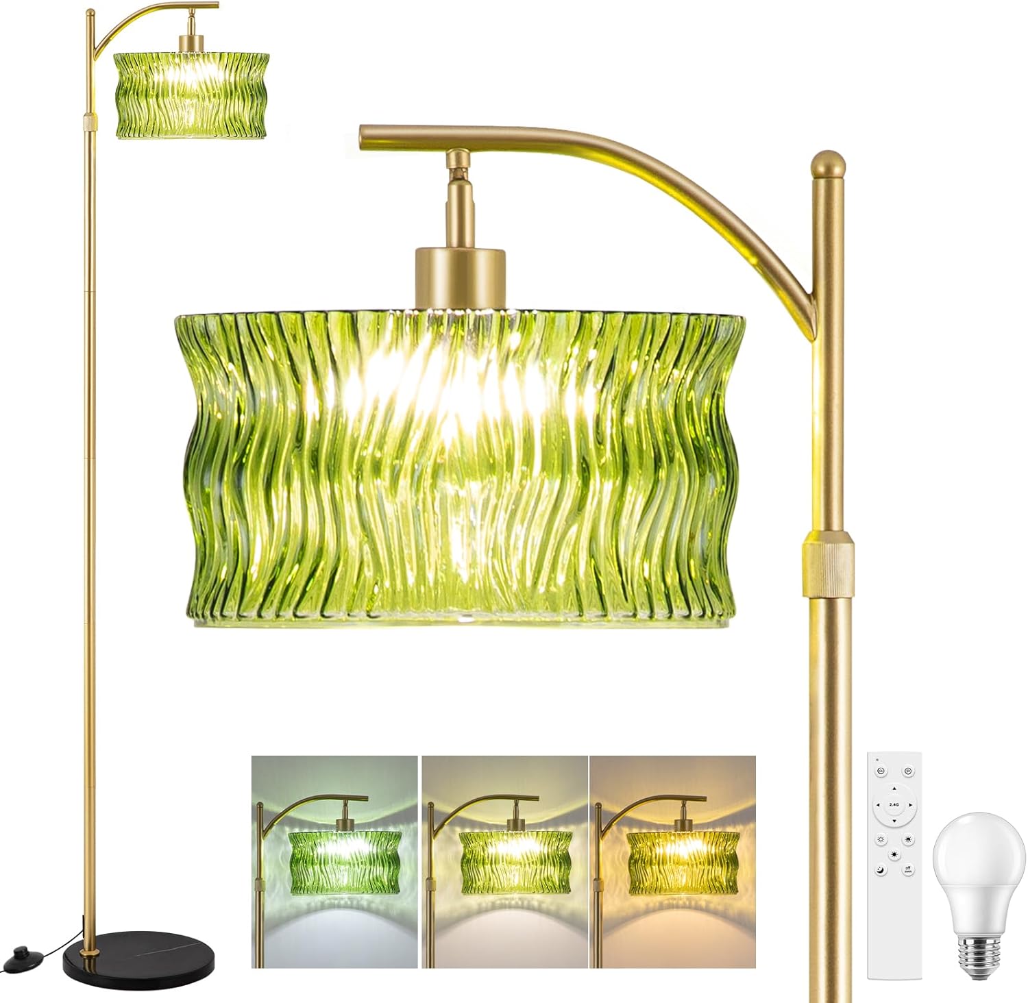 Glass Floor Lamp for Living Room, Modern Gold Standing Lamp with Remote Control & 3 Color Temperature, Green Floor Lamps with Glass Lampshade Dimmable Tall Floor Lamp for Bedroom Corner Green-B
