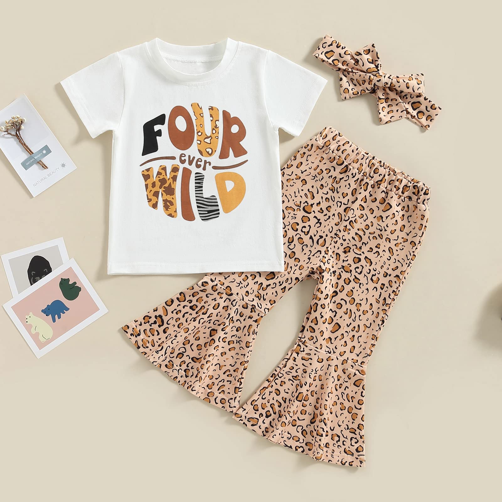 Toddler Baby Girl Birthday Outfit 4th Four Ever Wild Shirts Leopard Bell Bottoms 4 Year Old Birthday Outfit Girl