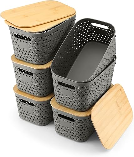 Cestas de almacenamiento de plástico con tapas, organización y almacenamiento, canastas apilables para organizar aulas, armarios, oficinas, salas de