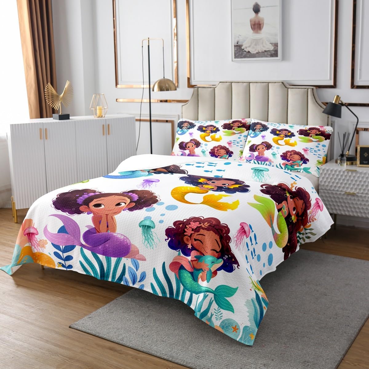 Homewish Cute Black Girl Mermaid Bedspread King Size,Watercolor Coral Jellyfish Bedding Set 3Pcs for Kids Girls Teens Room Decor,African Black Girls Comforter Set Colorful Sea Life Coverlet Quilt