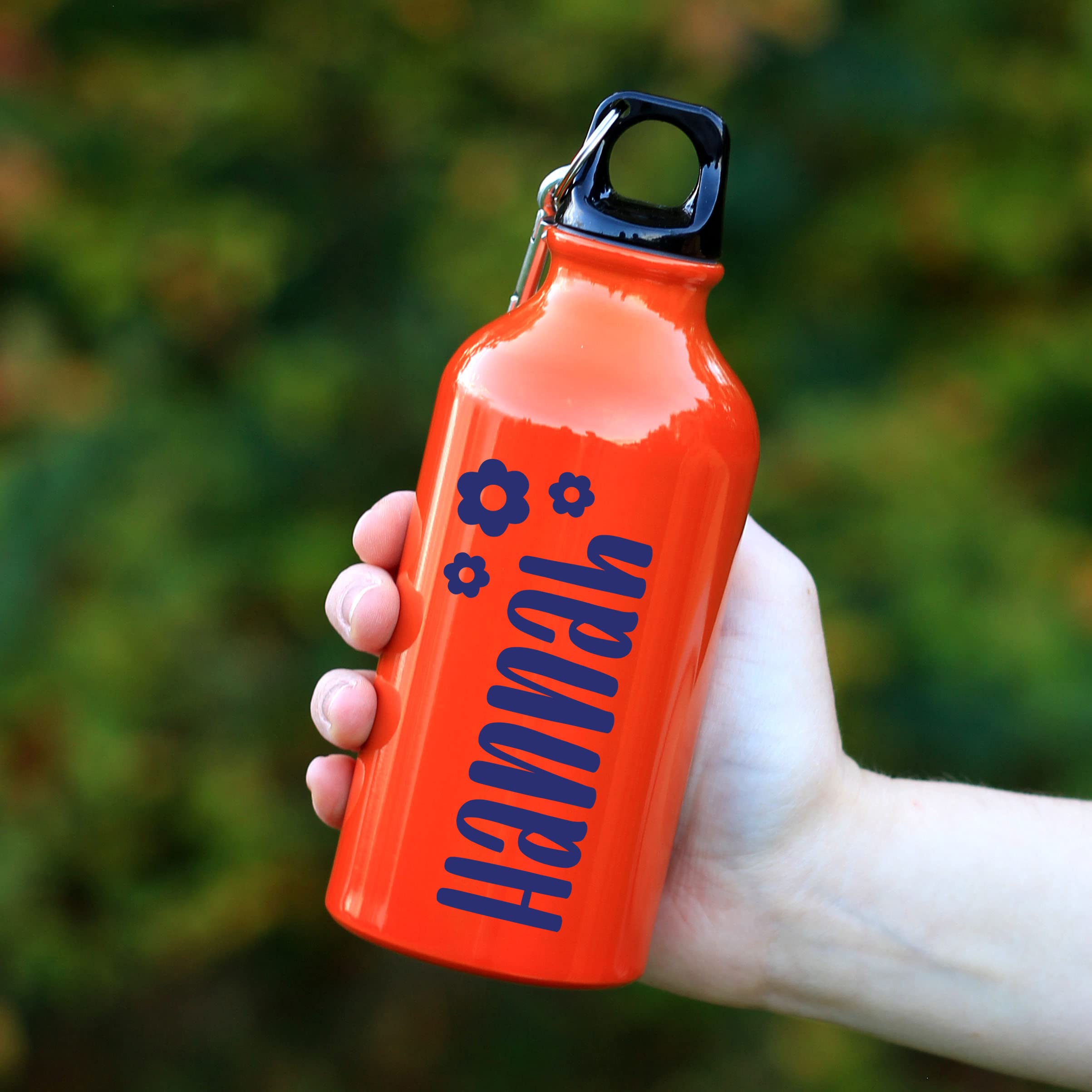 eBuyGB Personalised Kids Water Bottle with Carabiner Clip for School, Nursery - Reusable BPA Free 400ml Metal Drinks Bottle for Children - Any Name (Orange)