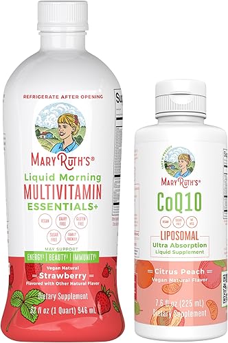 MaryRuth's - Multivitamínico líquido de fresa para adultos y niños y coenzima Q10, suplemento líquido CoQ10, antioxidante, paquete de 2 unidades