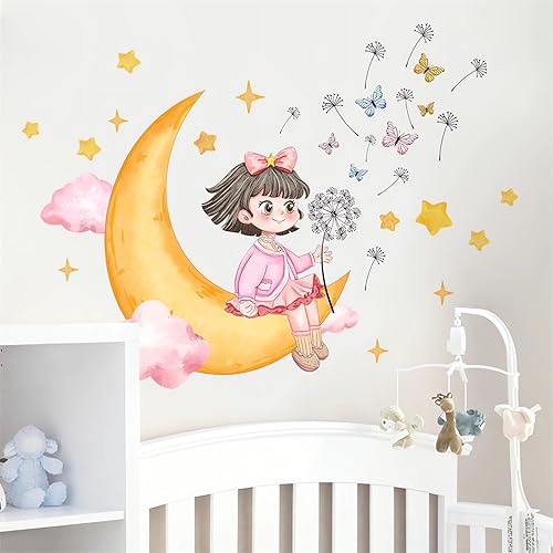 Miniatura 6 de Calcomanías de pared de mariposa con diseño de diente de león y estrellas de luna encantadoras, sacinora Art, calcomanías de vinilo removibles para