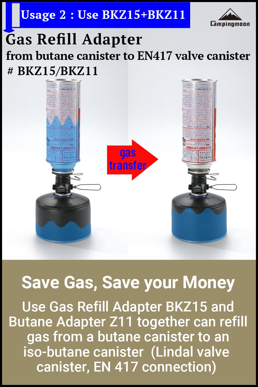 Campingmoon BKZ15/BKZ11 Adaptateur de recharge de bidon de gaz butane vers isobutane Noir