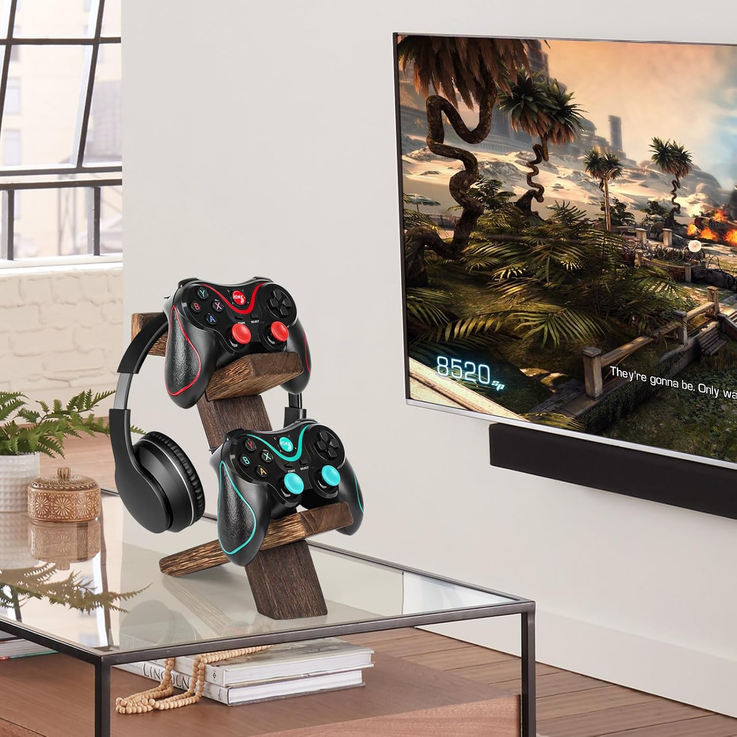 Wooden Game Controller Holder Headset Stand 2-Tier Universal Controller Gaming PC Accessories Storage Rack Headphone Stand for Xbox Series PS5 PS4