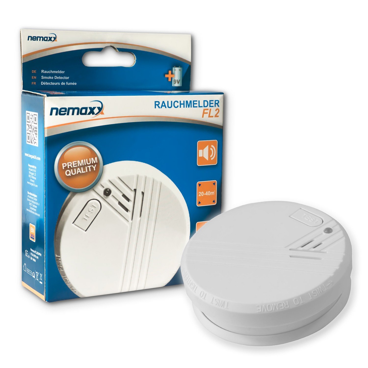 Nemaxx FL2 - rilevatore di fumo a norma DIN EN 14604 e NX1 di Supporto magnetico per rilevazione di incendi, fuoco e fumo, 7FL2NX1