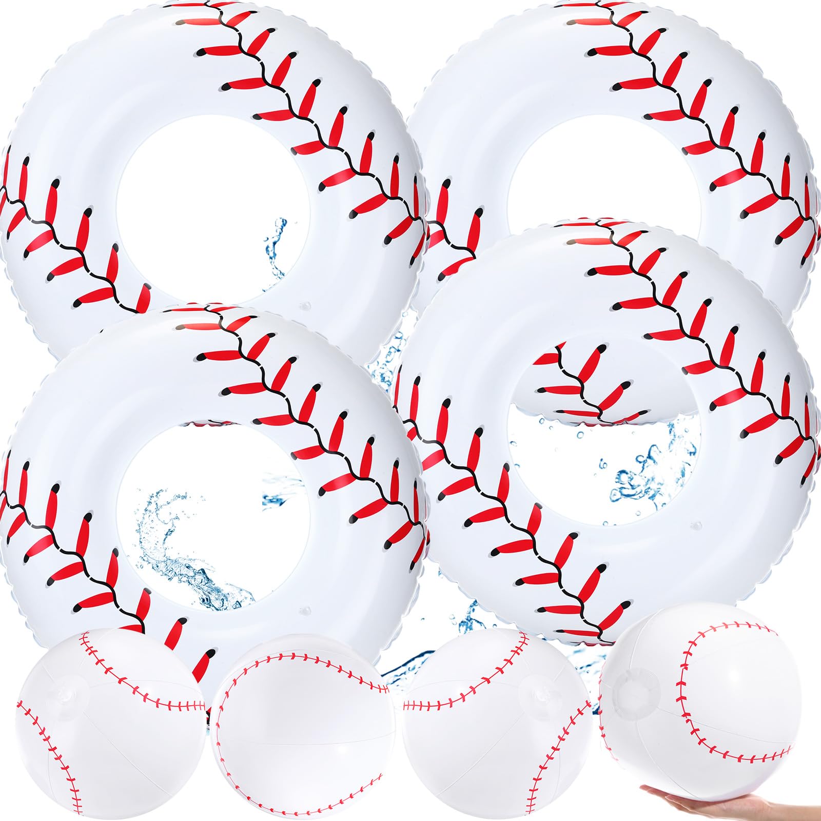 Photo 1 of ShinyRelief 8 Pcs 35 Inch Inflatable Baseball Pool Floats with 12" Inflatable Baseball Beach Balls Swim Tube Rings Swimming Rings Blow up Toys for Summer Decoration Swimming Pool Beach Game
