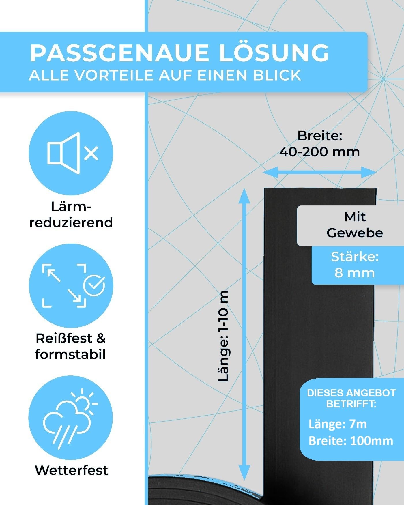 Gummistreifen 8mm dick, 4-20cm breit/wählbar 1m bis 10m Länge mit GEWEBEEINLAGE Vollgummi Hartgummi Gummibodenbelag … (10cm(100mm) x8mm, 7m)