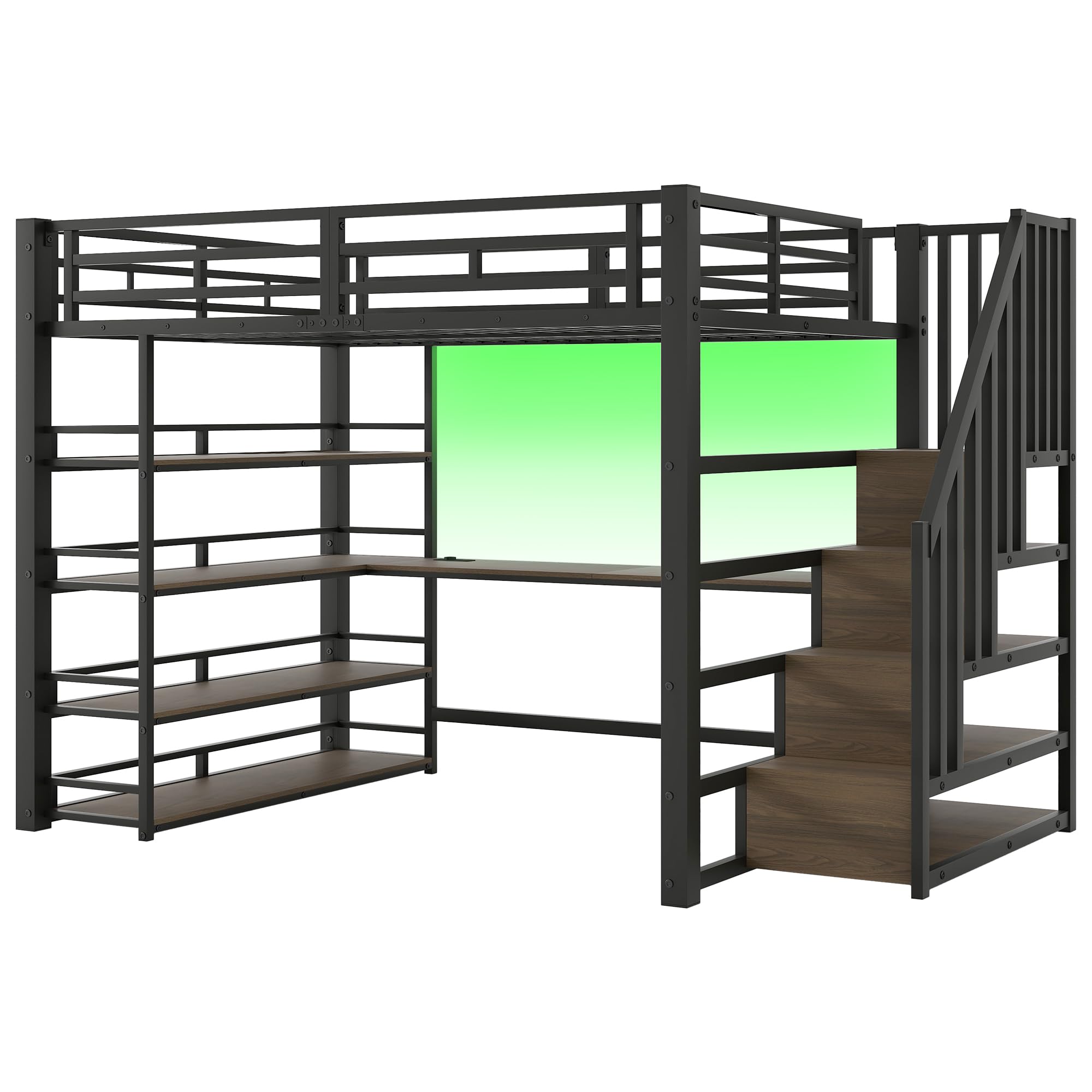 Letto a soppalco in metallo, 140 x 200 cm, con scale, scrivania integrata, vano portaoggetti, stazione di ricarica USB e luce LED, bianco (nero)