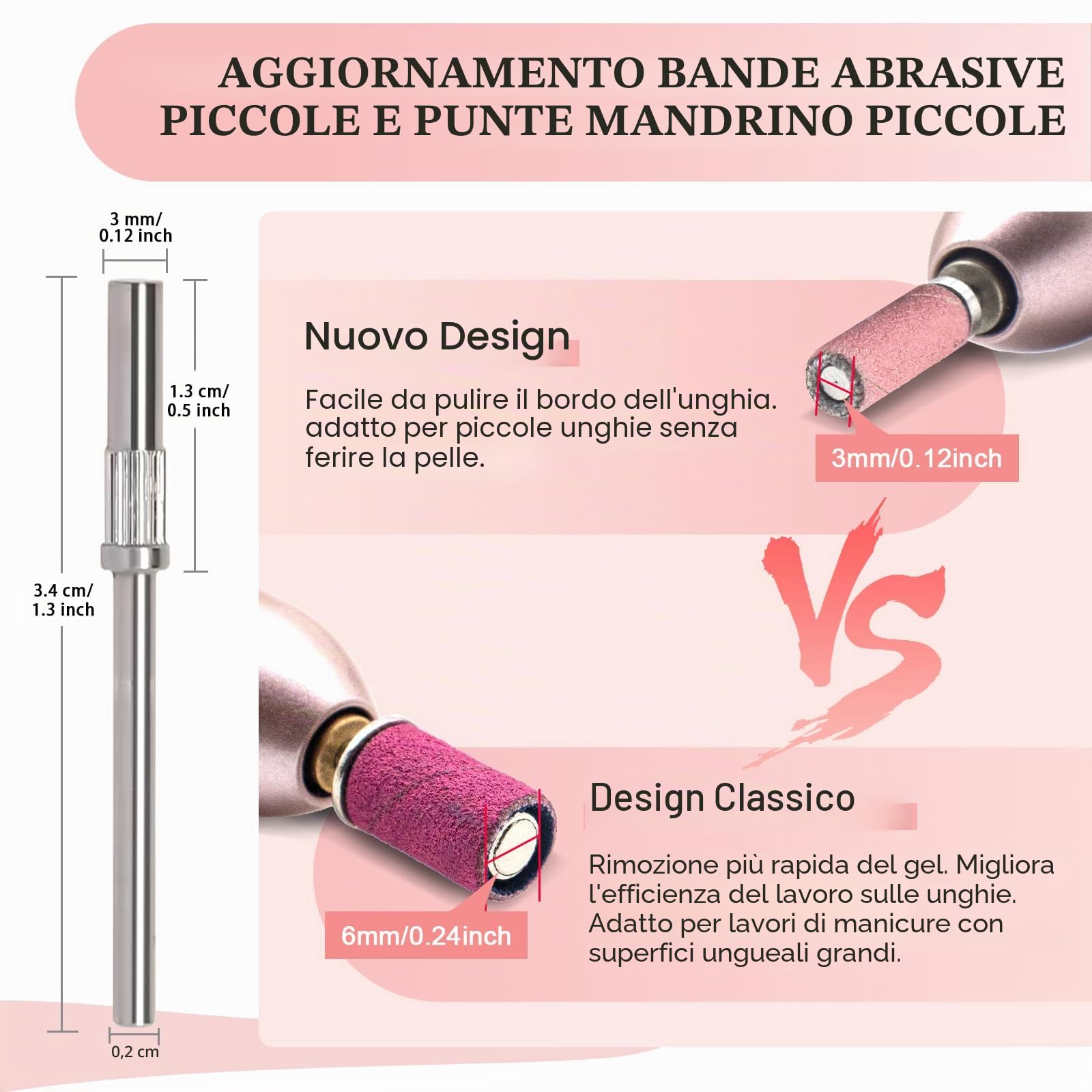 100 pezzi di bande abrasive piccole con punta a mandrino da 3 mm aggiornata,rimozione di unghie in gel, Bande piccole per la levigatura delle unghie #180 Rosa