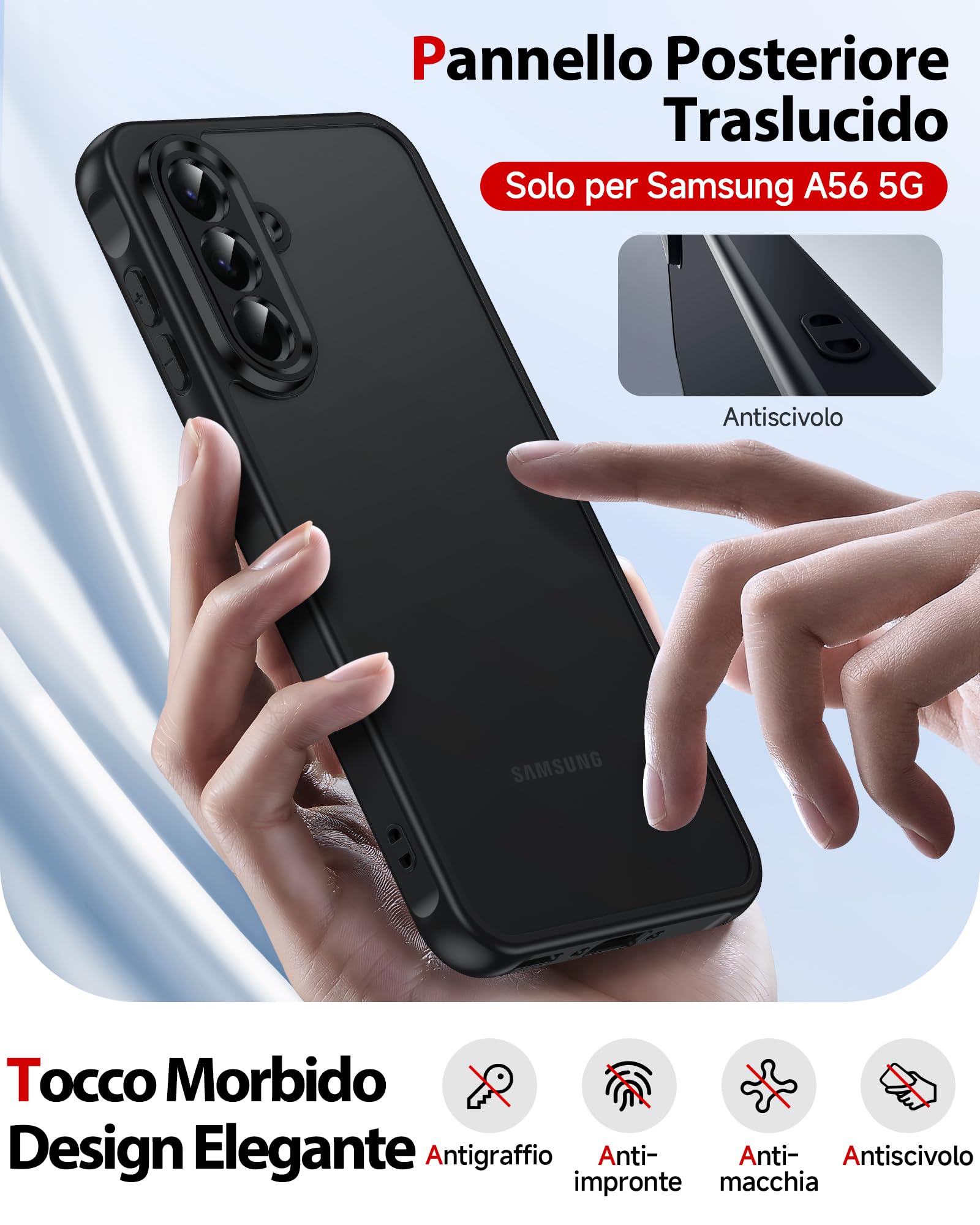 LeYi Cover per Samsung Galaxy A56 5G con 2 Vetro Temperato, Custodia per A 56 Protezione Fotocamera Traslucida Opaca Anti-Impronte Resistente ai Graffi Paraurti in TPU Antiurto Protettiva Case, Nero