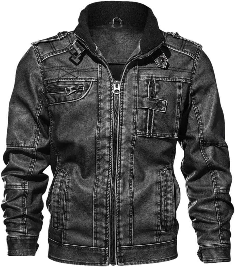 Men Fleece Faux Leather Jacket Zippers Men's Stand Collar Coat Slim PU Jacket Male Moto Biker Coats
