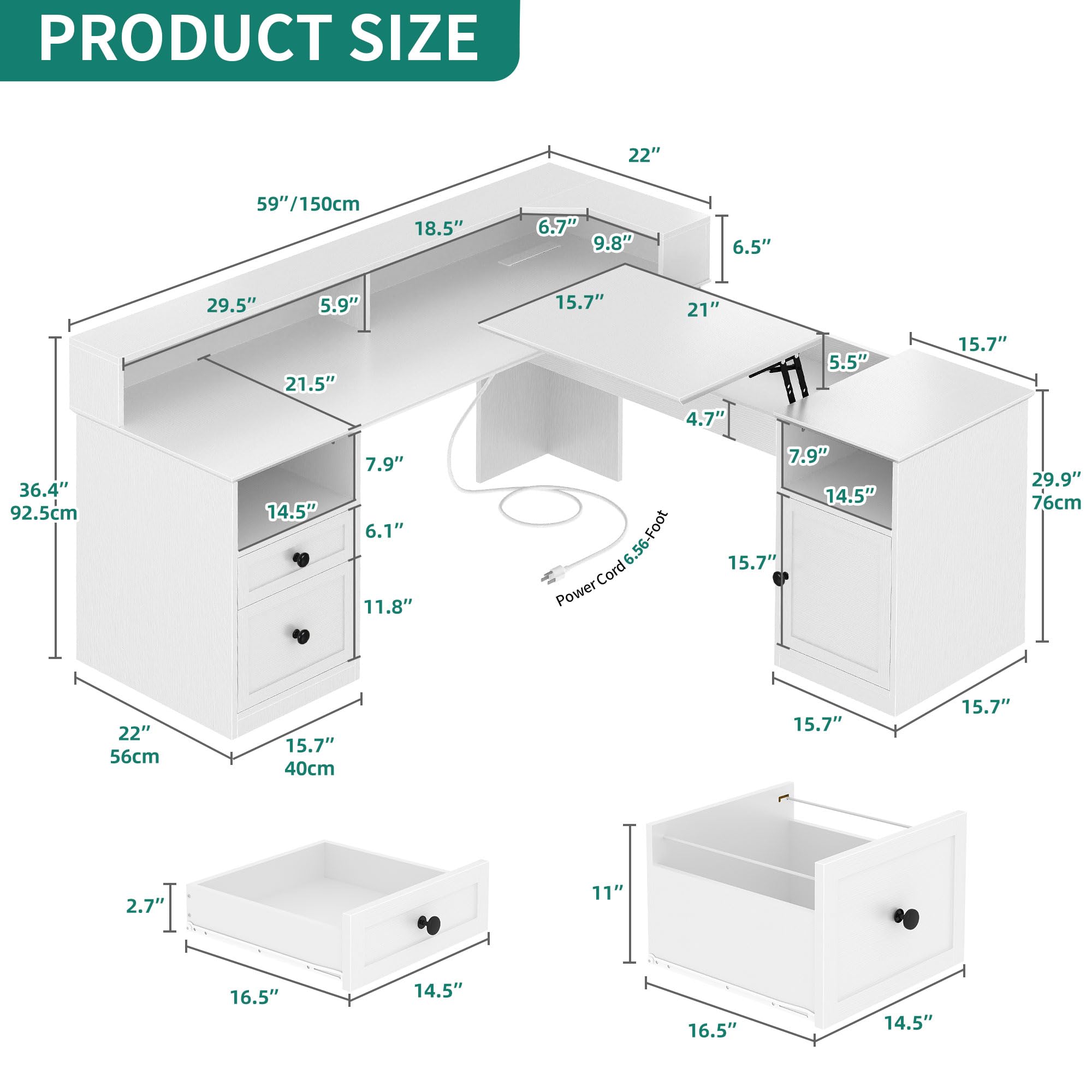 Photo 1 of ***PARTS ONLY*** ***NONFUNCTIONAL*** DWVO L Shaped Desk with Drawers, 60" Corner Computer Desk with Power Outlets & Lift Top, Home Office Desk with Storage Cabinet & LED Lights, Wood Desk, Height Adjustable Desk, White