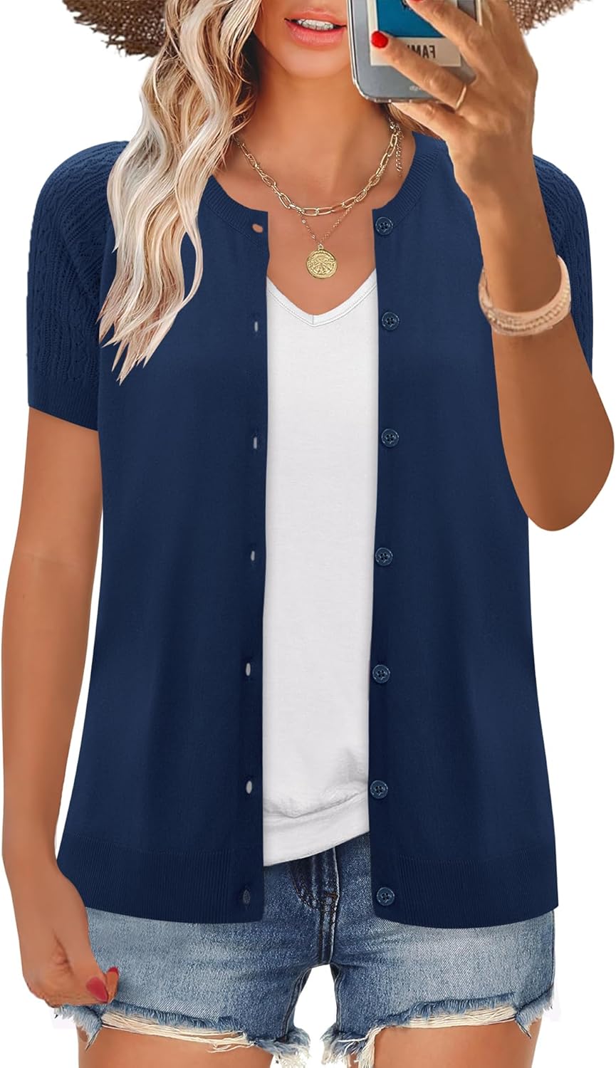 FreshNight Women's 2025 Short Sleeve Cardigan Button Up Hollowed Out Crewneck Shrug Sweaters Knit Sweater Tops Lightweight