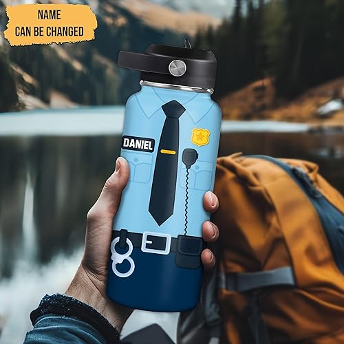 Vista 44 de Hyturtle Botella de agua personalizada de policía, botella de acero inoxidable aislada de 18 onzas, 32 onzas, bandera de línea azul fina, regalo