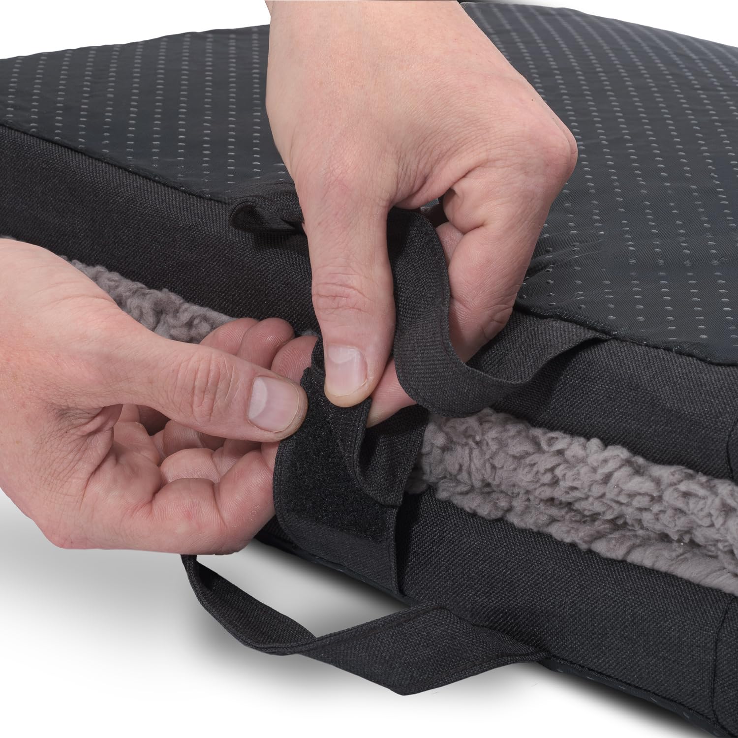Matelas pliable ergonomique pour chien, anthracite, cuir synthétique et peluche, mousse à mémoire de forme, lavable, pliable avec poignée de transport, dessous antidérapant, 120 x 80 x 5 cm