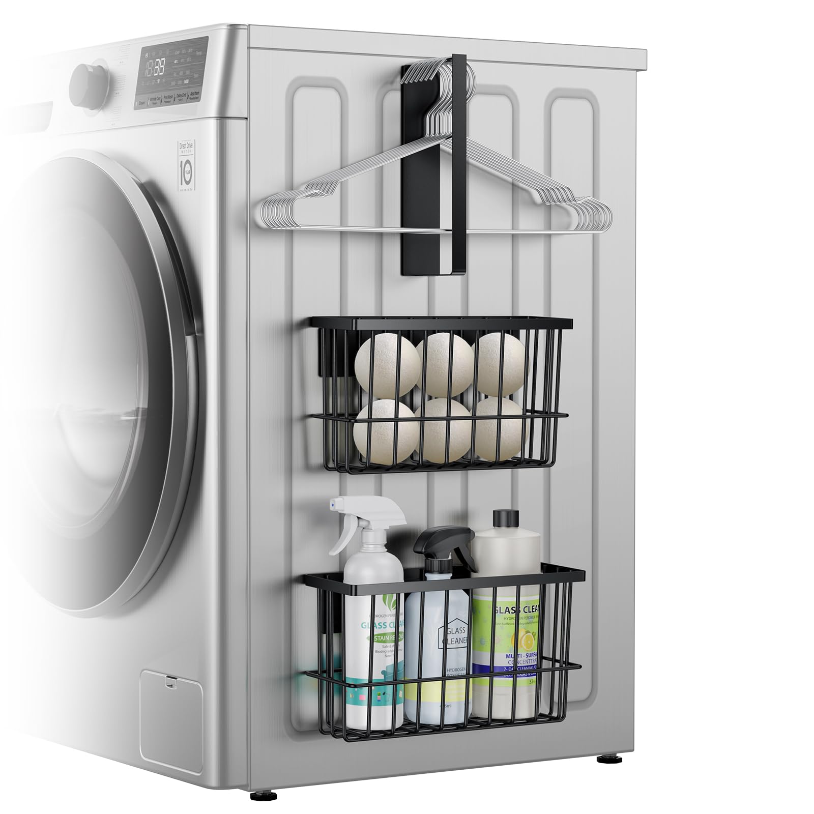 Laundry Room Organization and Storage Magnetic Dryer Ball Holder with Magnetic Hanger Holder, Magnetic Lint Bin for Washer Dryer, Iron Basket Dryer Ball Container, Magnetic Laundry Organizer (Black)