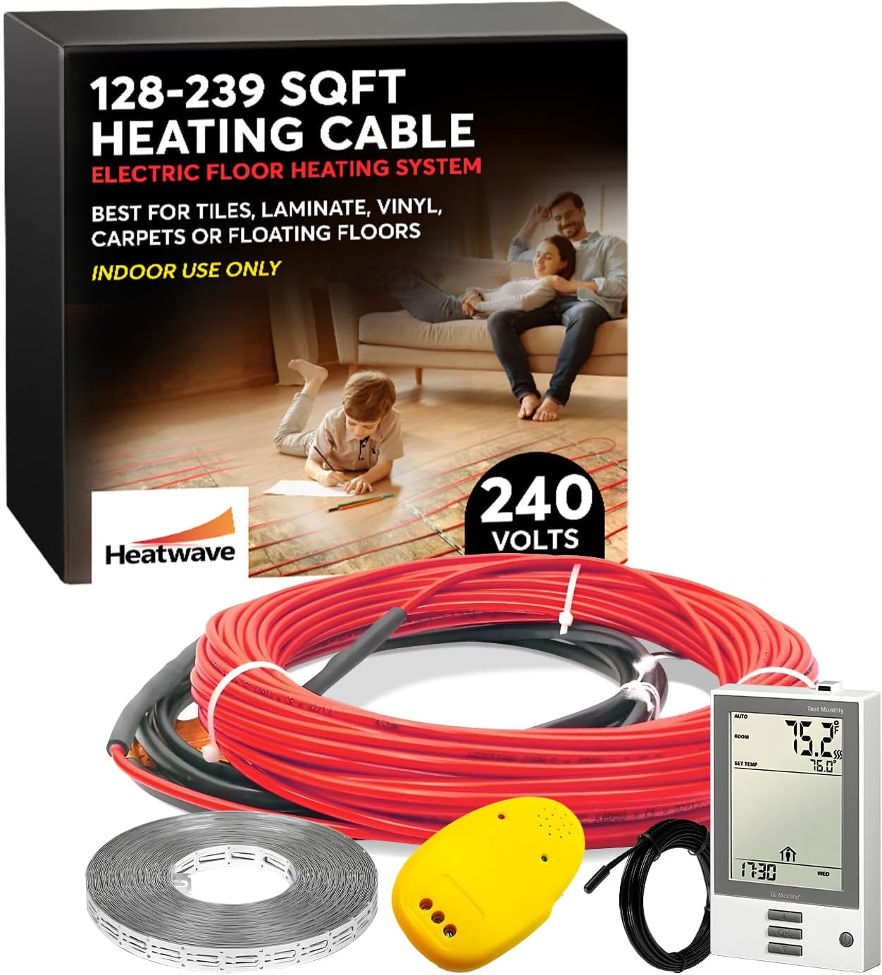 Floor Heating Cable 240V - 16-31 Sqft Heated Floor System, Underfloor Electric Heat Cable Warmer, Radiant Heated Flooring System for Tile with 7-Day/4 Event Programmable GFCI Thermostat, Made in USA