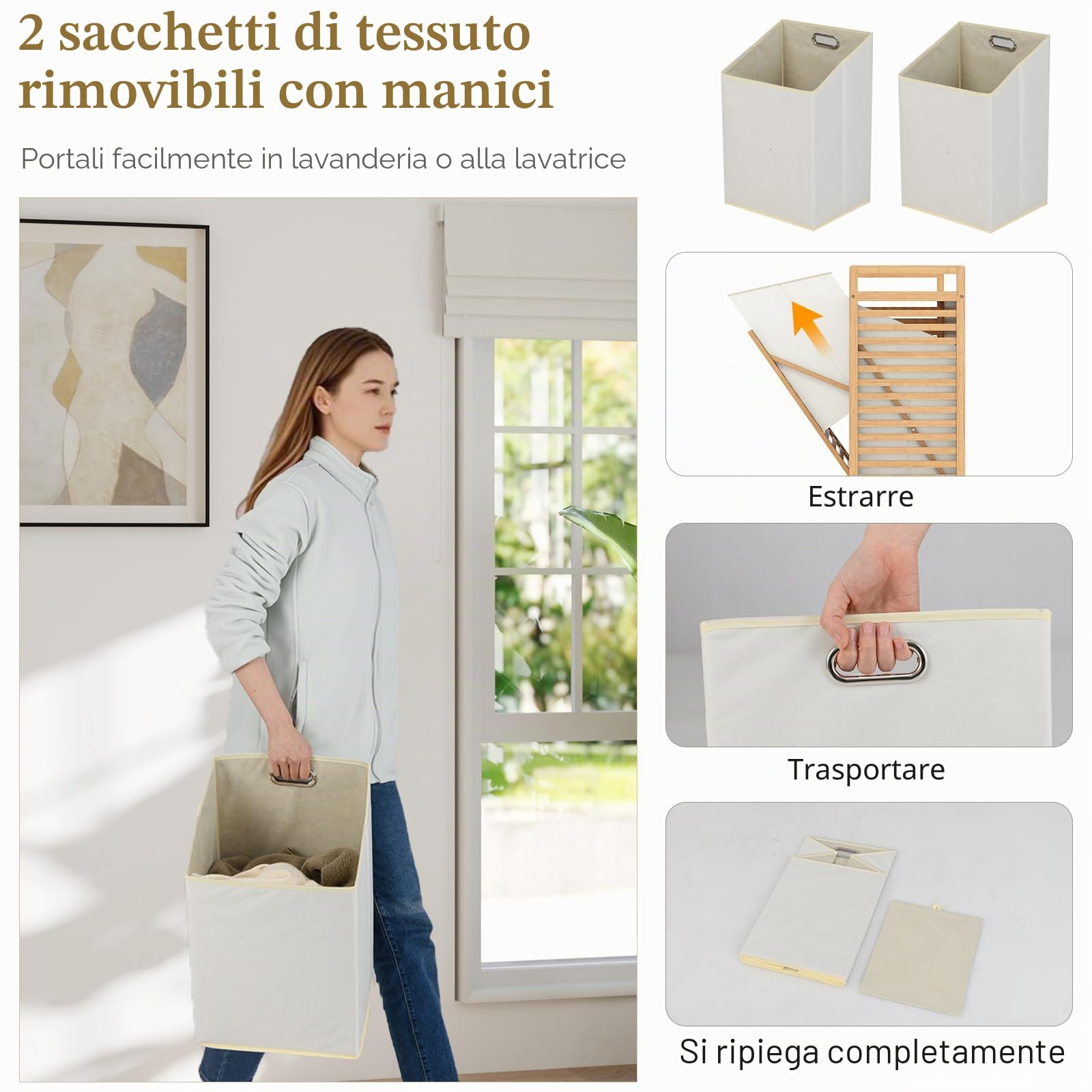 GIANTEX Cesto Portabiancheria 75L a 2 Scomparti | Sacchetti Estraibili e Telaio in Bambù, Mobile Pratico per Bagno e Lavanderia
