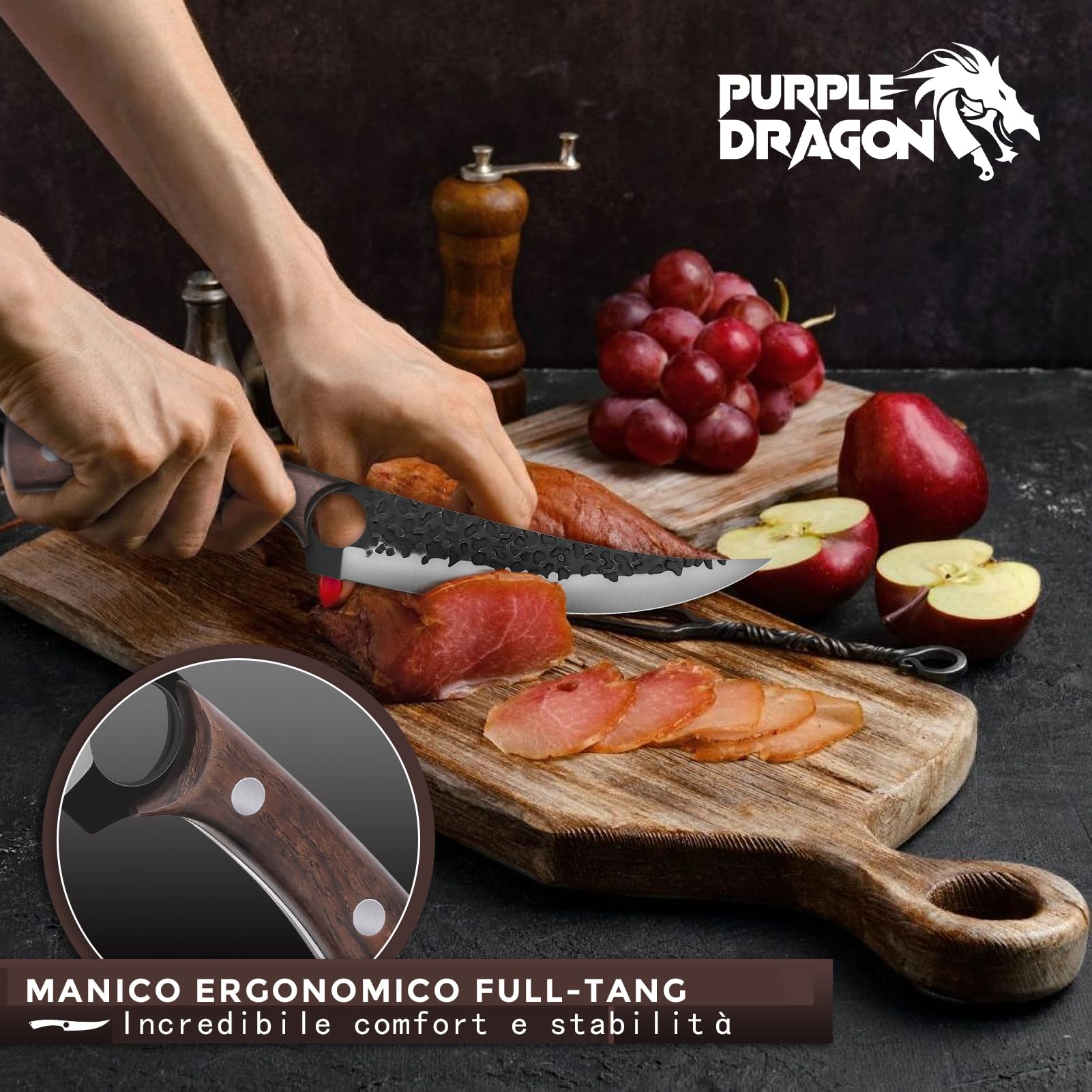 Purple Dragon Coltello per disossare filetti forgiato a mano Coltello professionale da macellaio Coltello da cucina in acciaio al carbonio pieno di seta per disossare carne pesce con scatola regalo